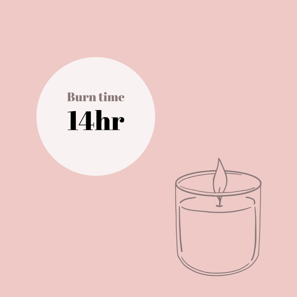 Candle with 'Burn time 14hr' text on a pink background