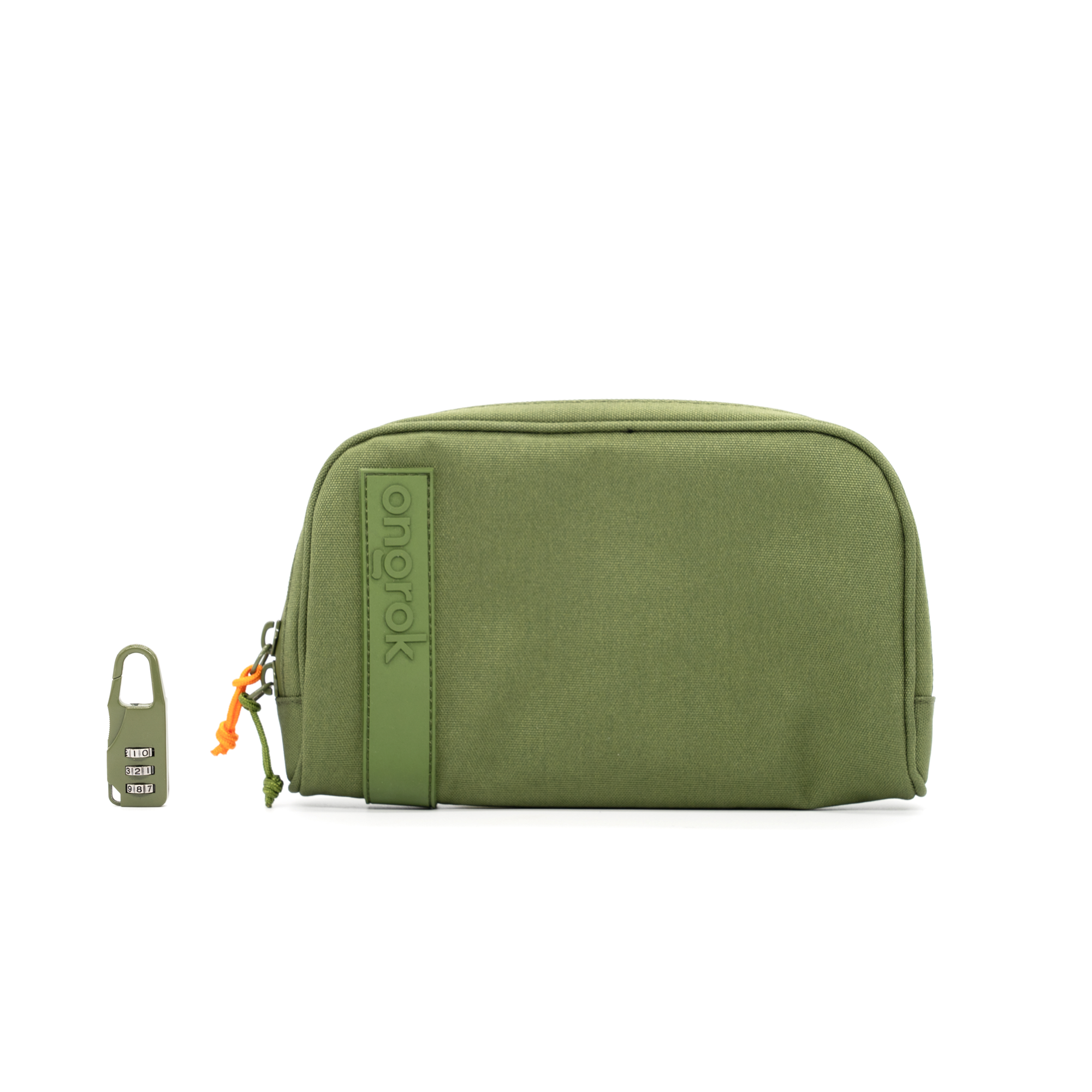 Green toiletry bag with a small green tag on a white background