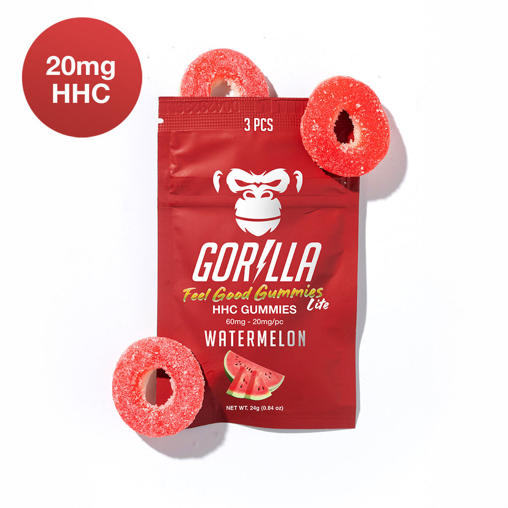 Red Gorilla Gummies packaging with watermelon flavor and 20mg HHC label on a white background