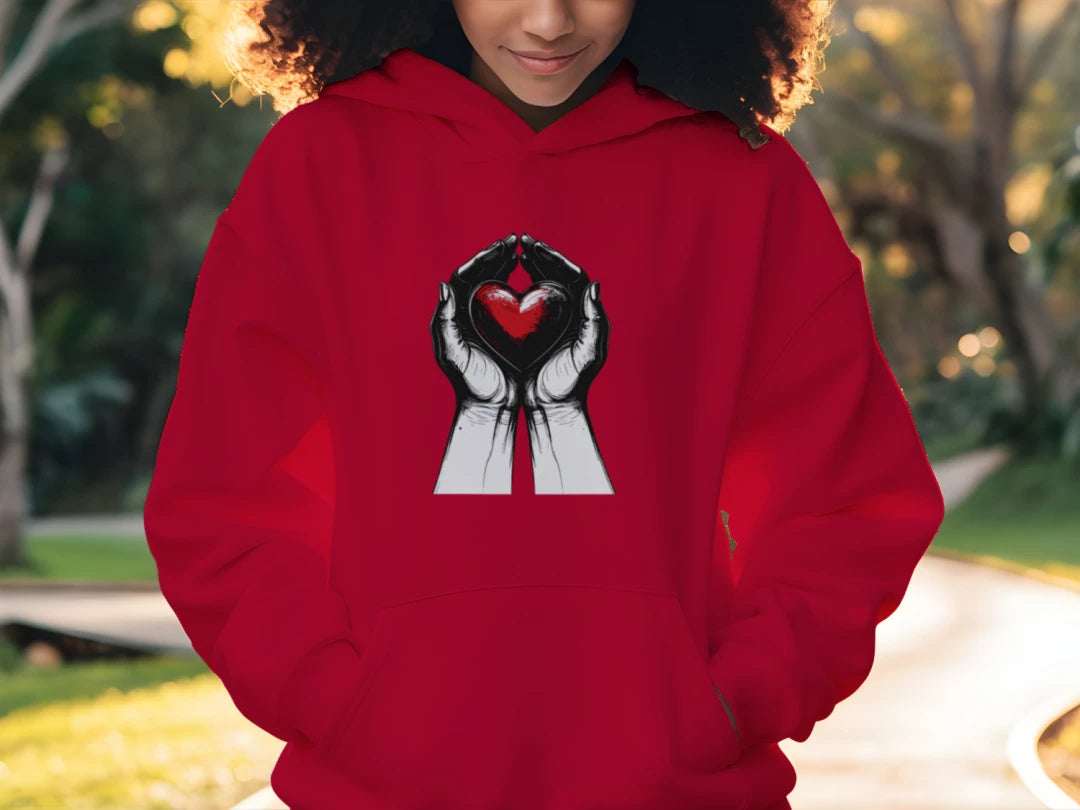 Person wearing a red hoodie with a graphic design outdoors