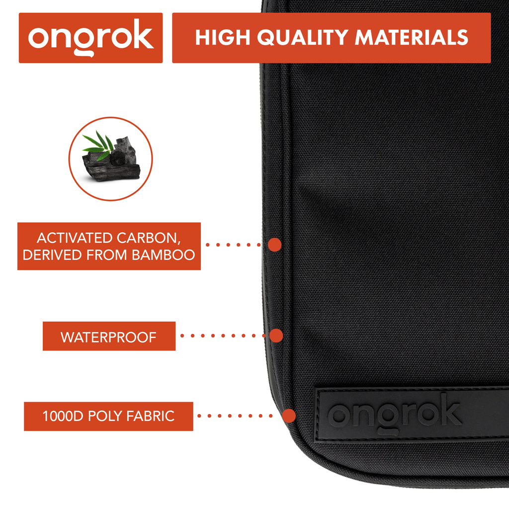 Black bag with 'ongrok' branding and text highlighting high-quality materials like activated carbon and waterproof properties.