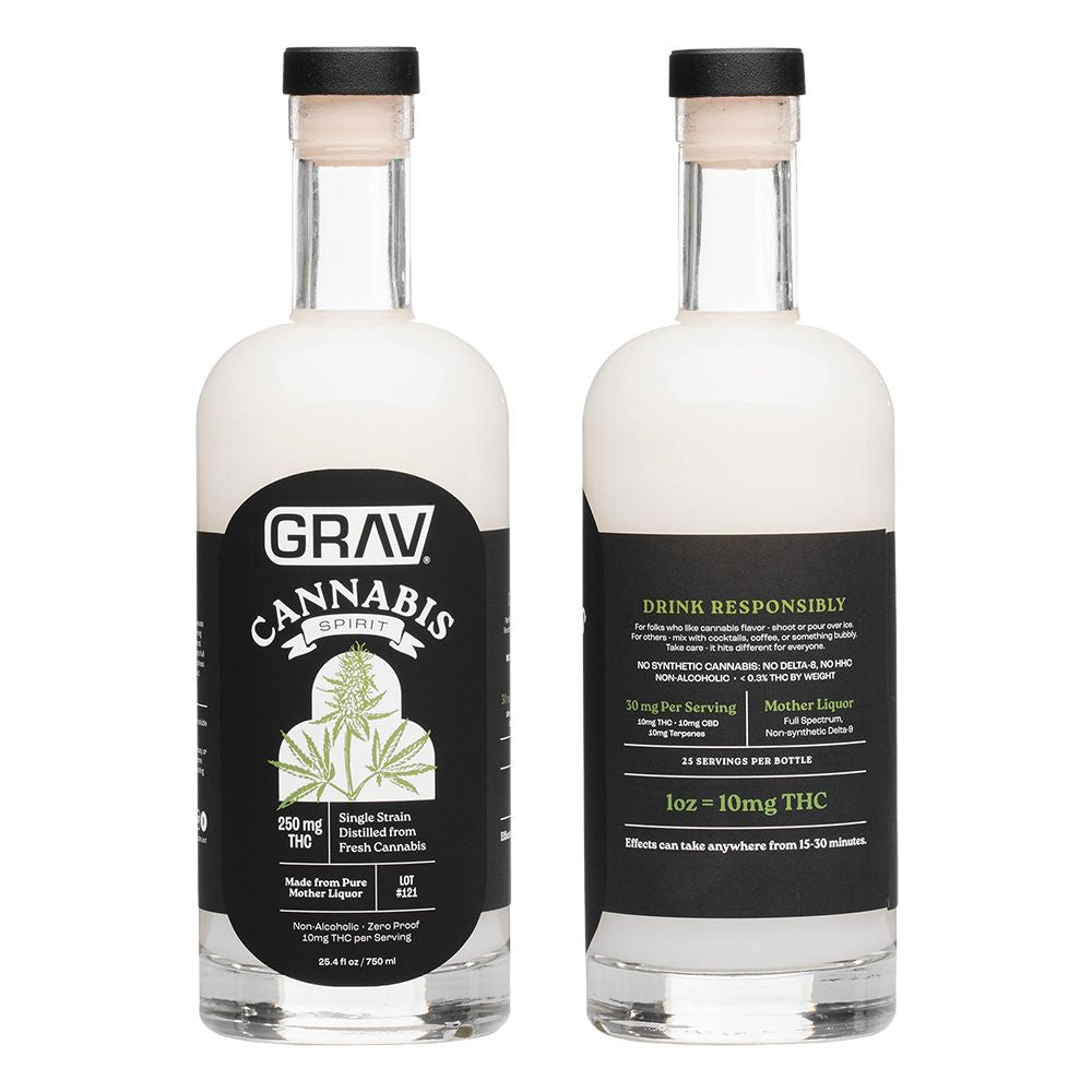 Two bottles of Grav Cannabis Spirit on a white background