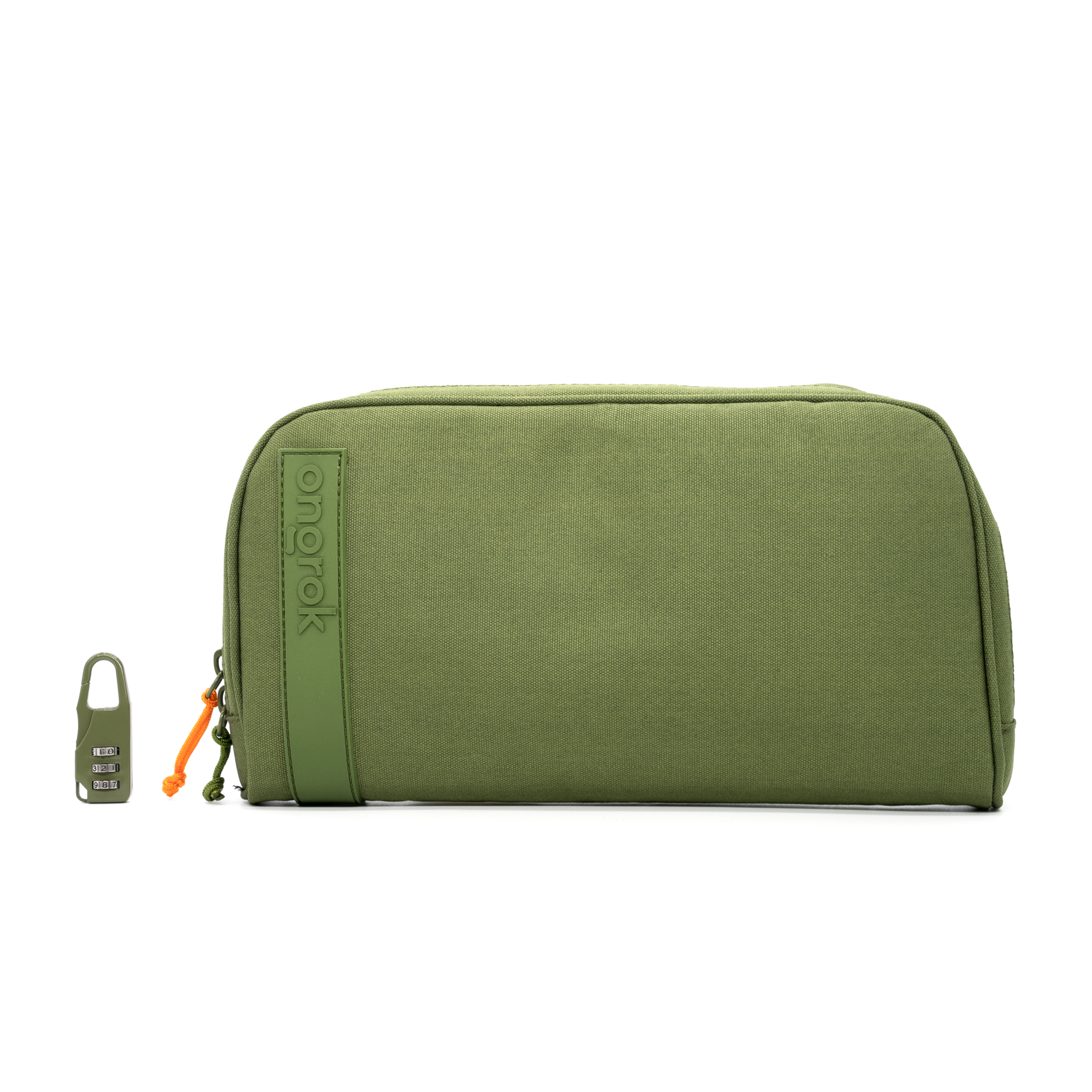 Green toiletry bag with a small keychain attached on a white background