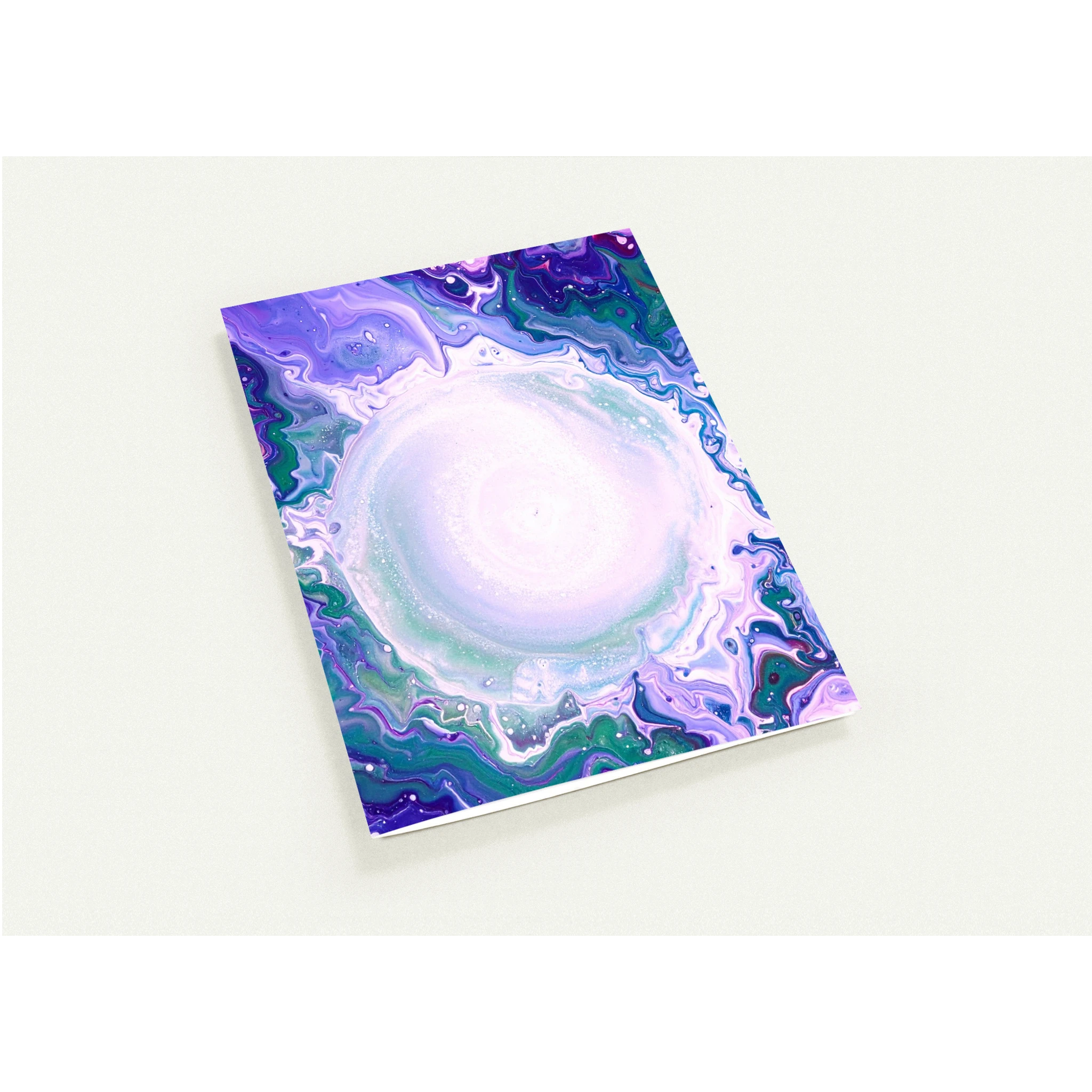 A card with a hypnotic purple and white psychedelic orb.