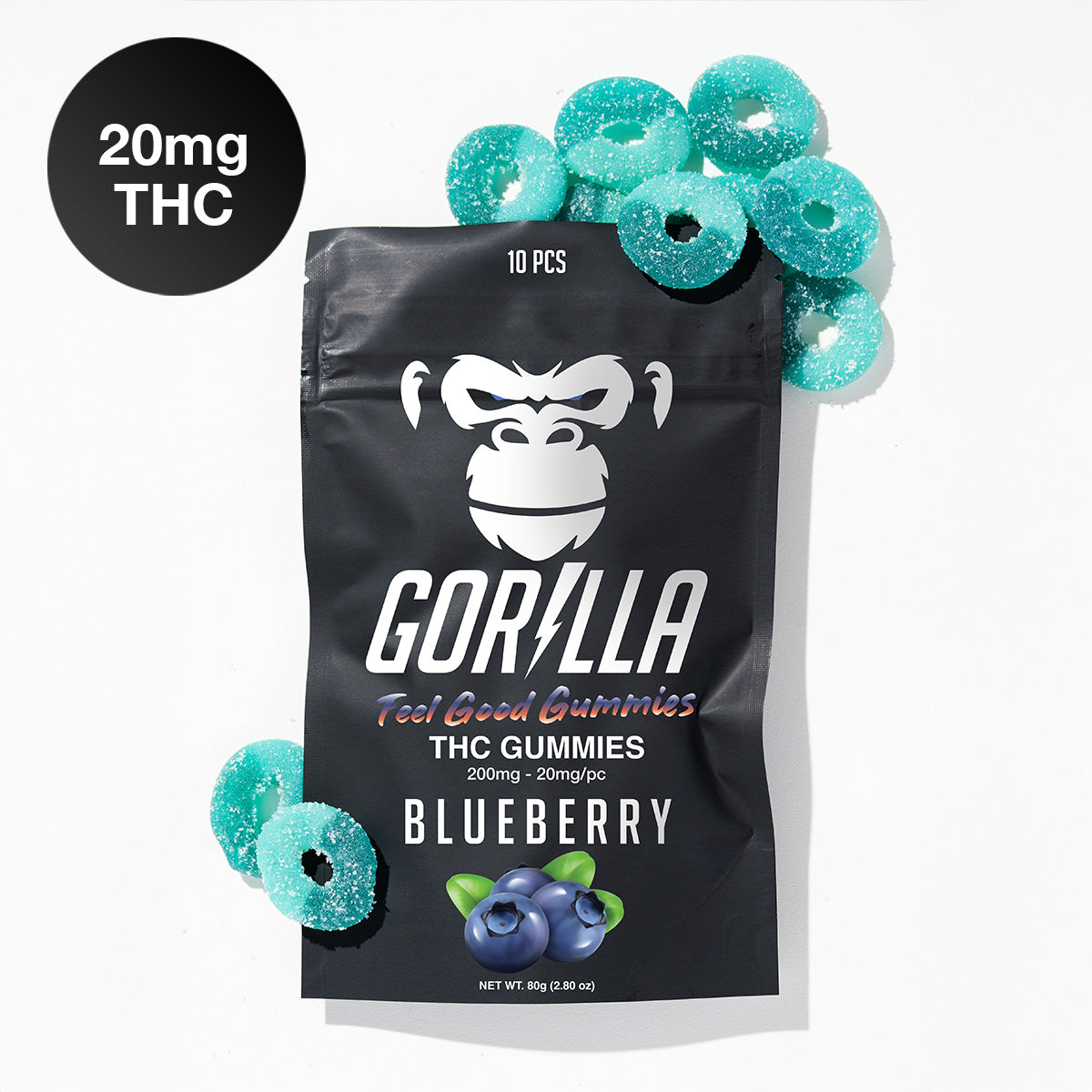 Gorilla THC gummies packaging with blueberry flavor on a white background