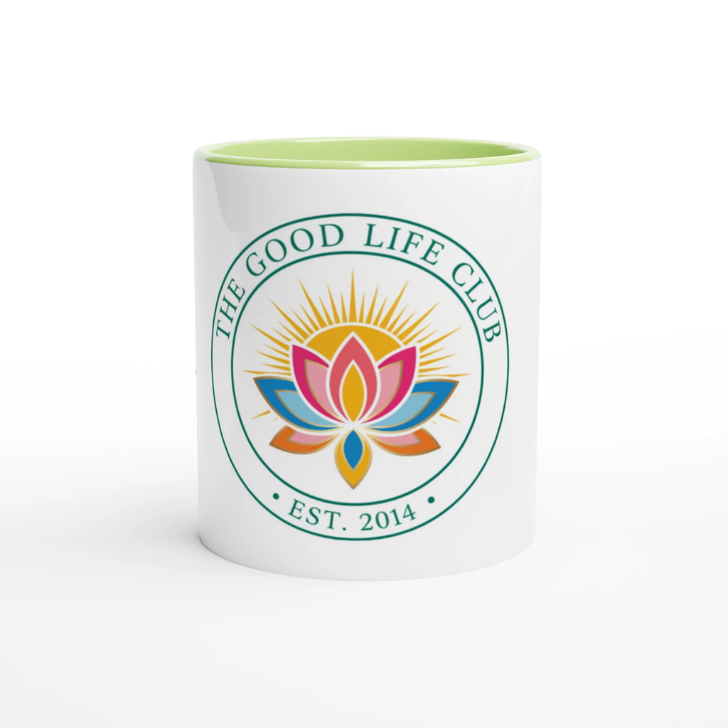 Mug with 'The Good Life Club' logo featuring a colorful lotus flower on a white background