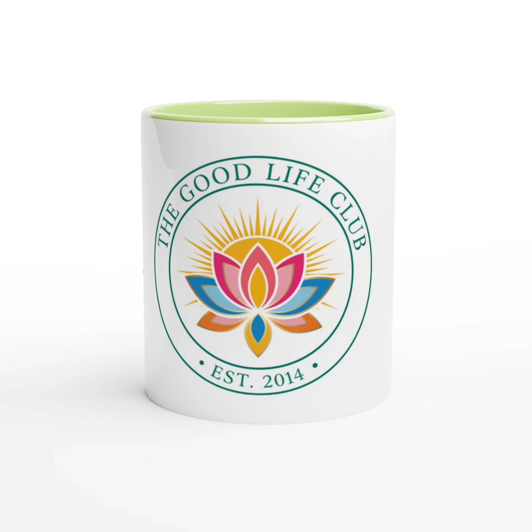 Mug with 'The Good Life Club' logo featuring a colorful lotus flower on a white background