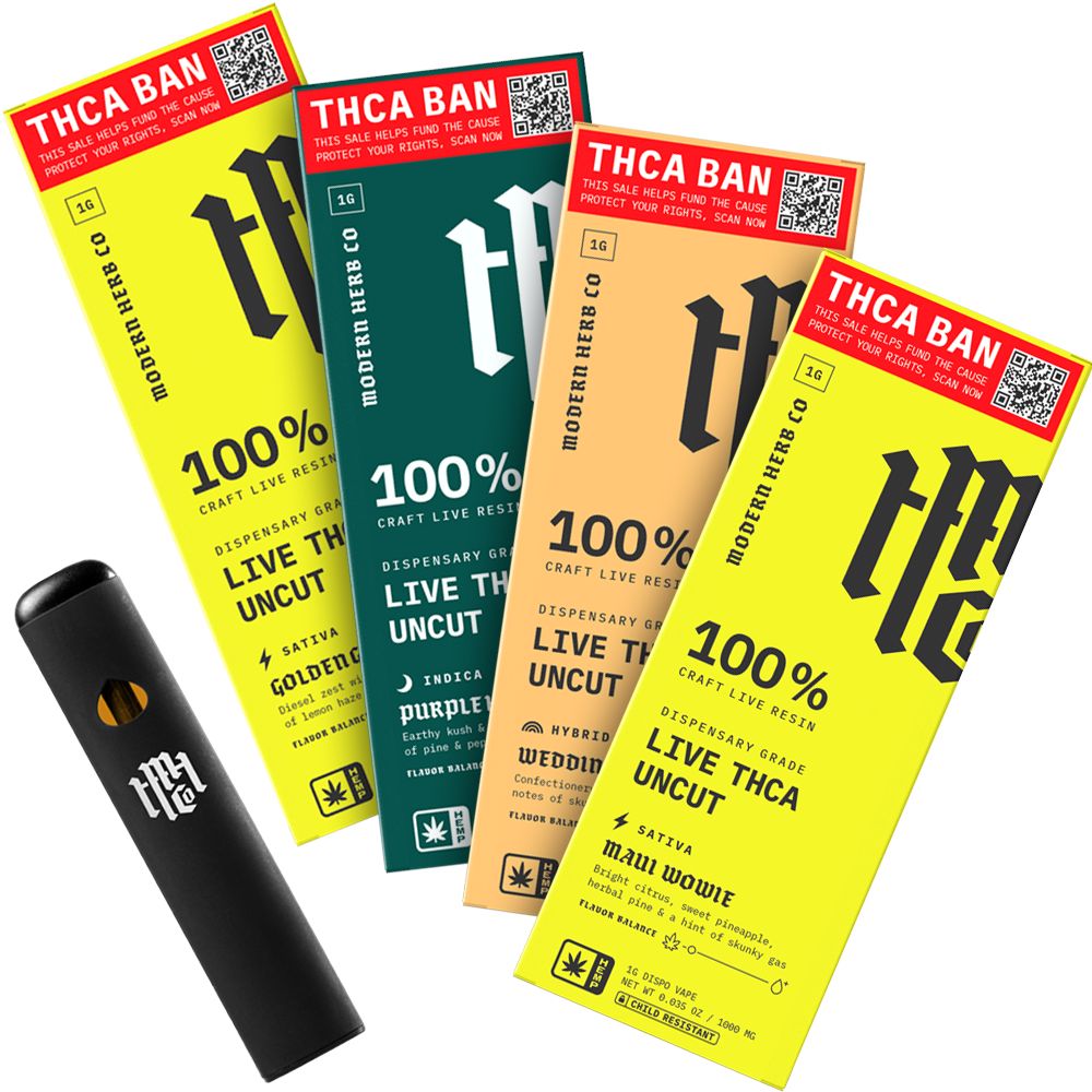 Five colorful packages of 'Modern Hero Co' with a black vape pen in front on a white background.