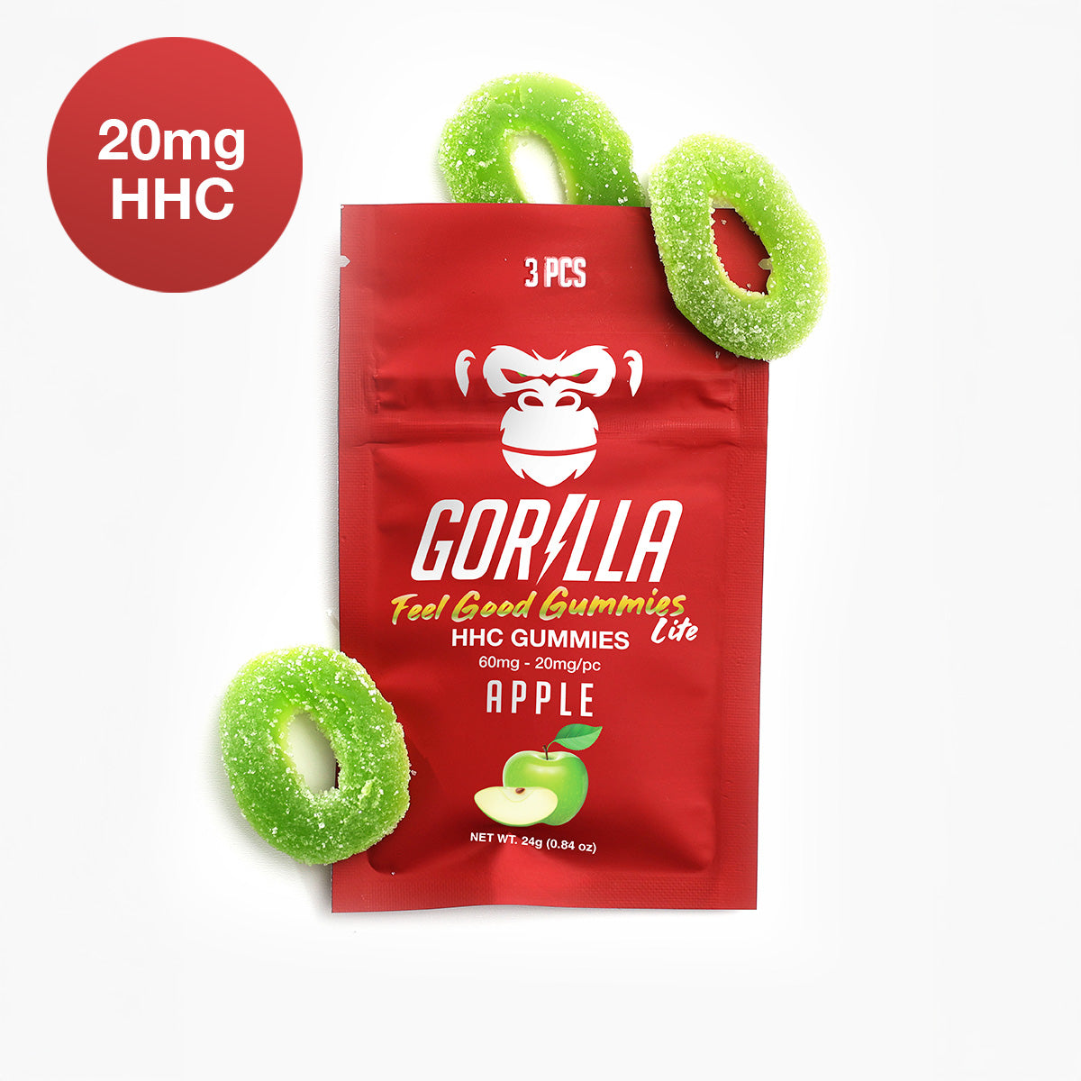 Red Gorilla gummies packaging with green apple-shaped gummies on a white background