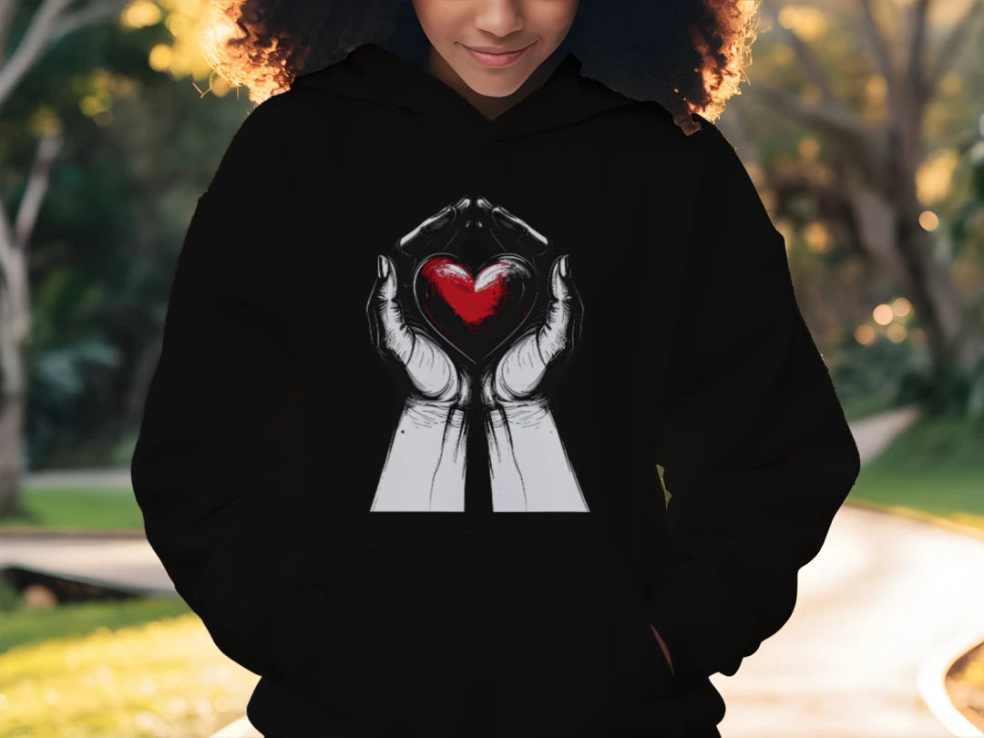 Person wearing a black hoodie with a heart design outdoors