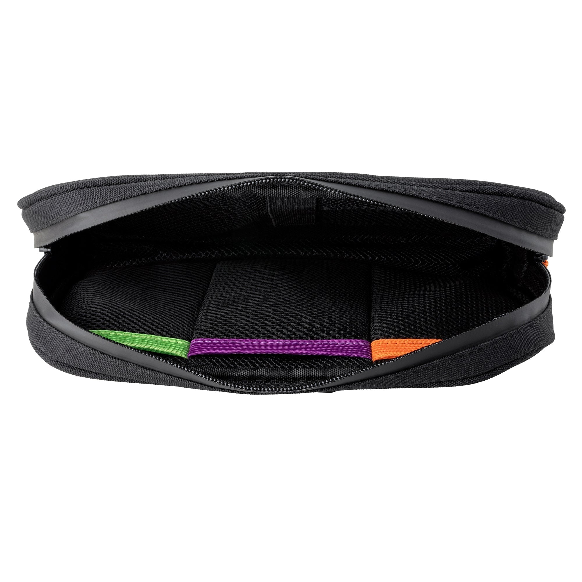 Black zippered pouch with colorful accents on a white background
