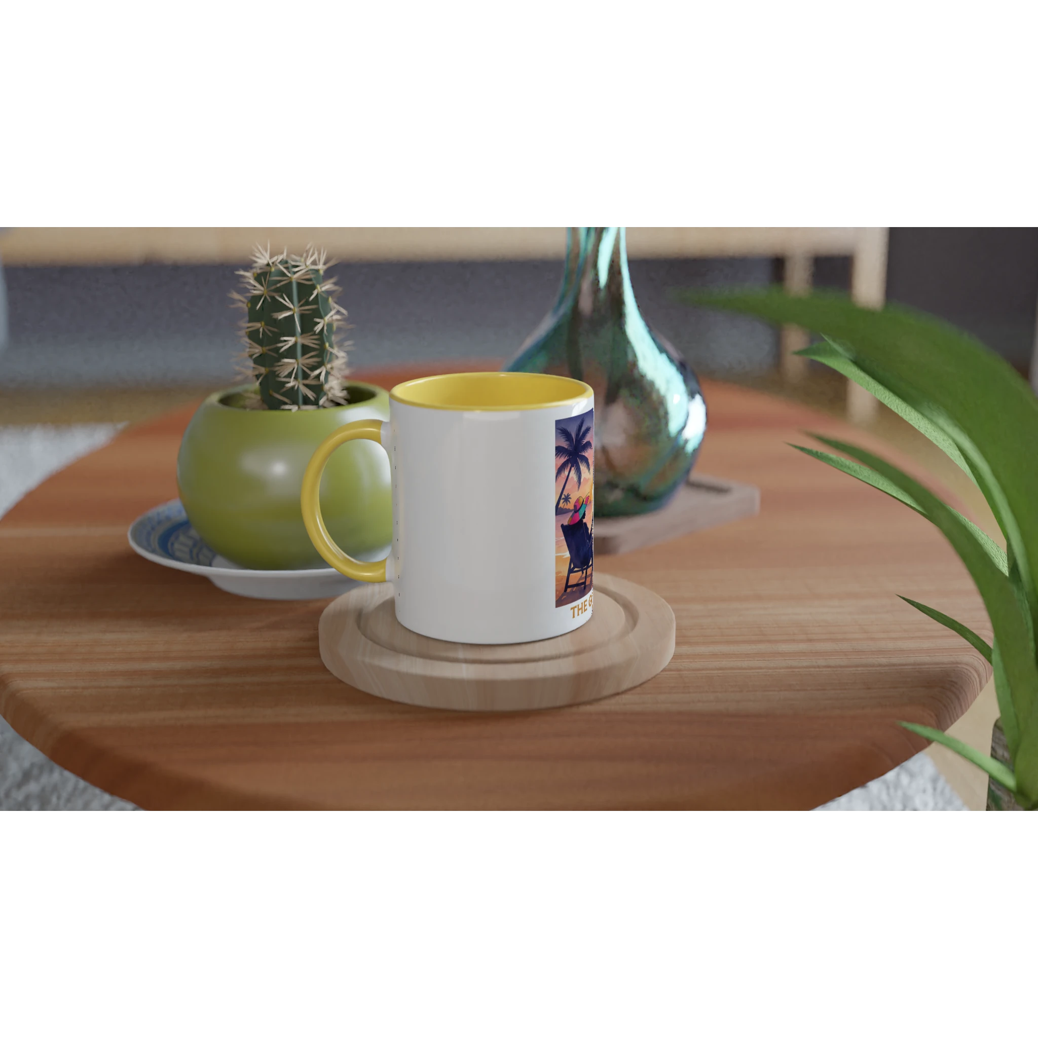 White mug with yellow interior on a wooden table with a cactus and vase in the background