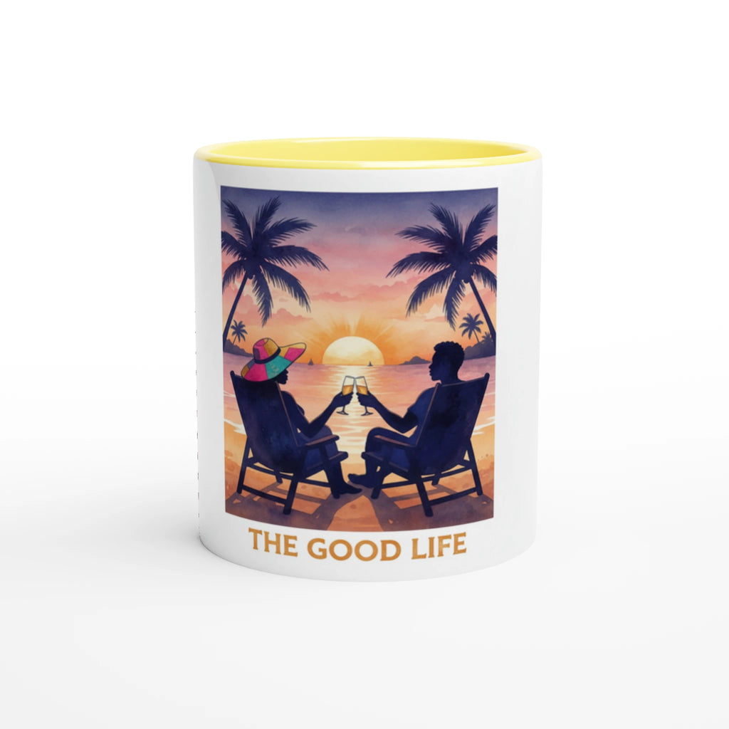 Mug with a beach scene and 'The Good Life' text on a white background