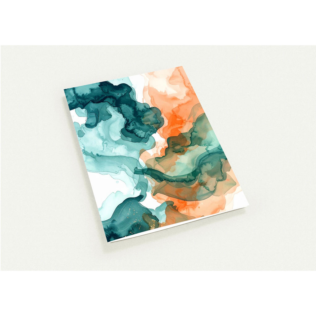 A card with an abstract watercolor fluids in calming teal and peach.