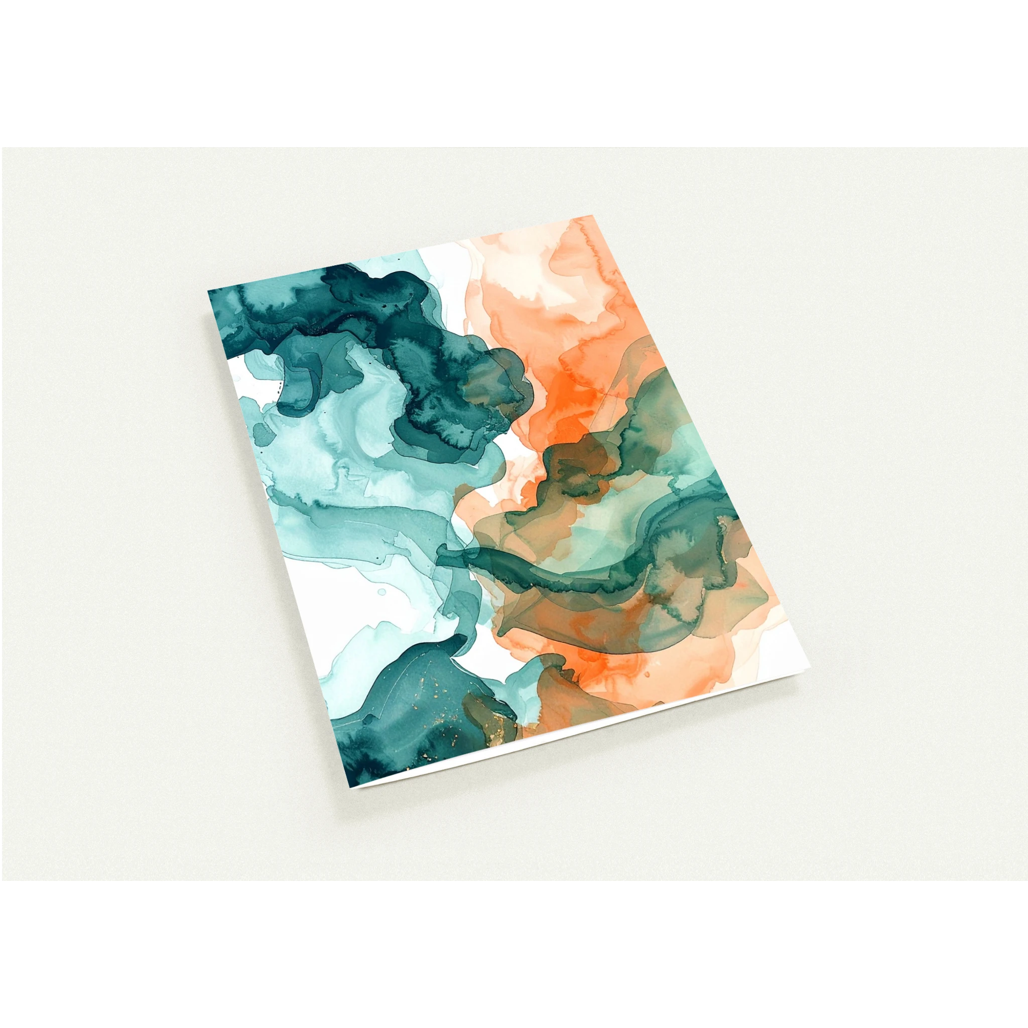 A card with an abstract watercolor fluids in calming teal and peach.