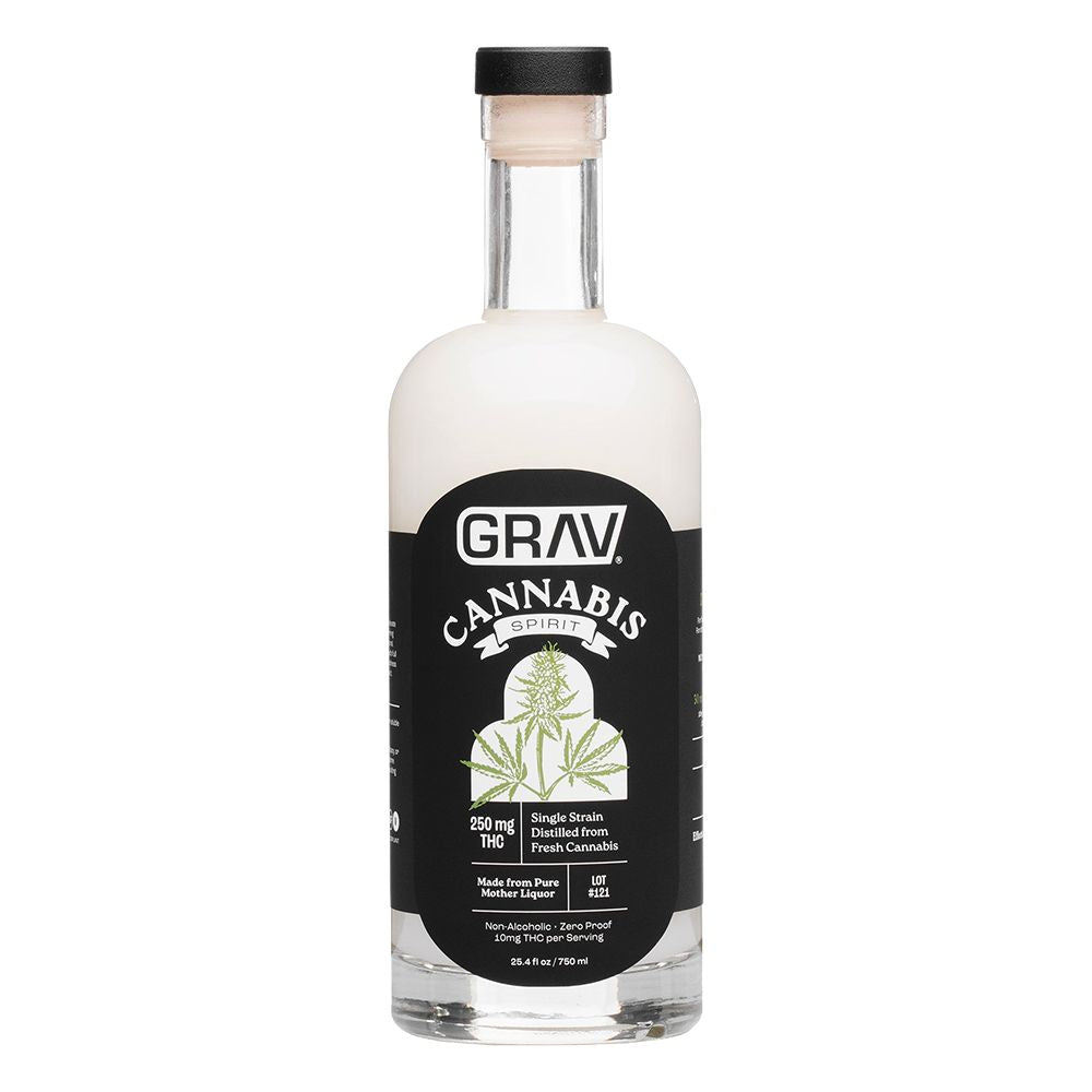 Bottle of Grav Cannabis Spirit on a white background