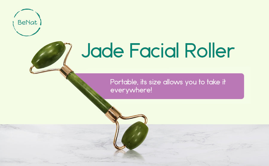 Jade facial roller with BeNot branding on a light green background