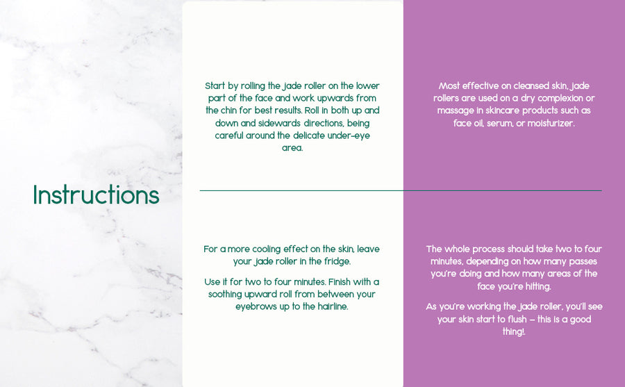 Instructions for using a jade roller on a marble and purple background