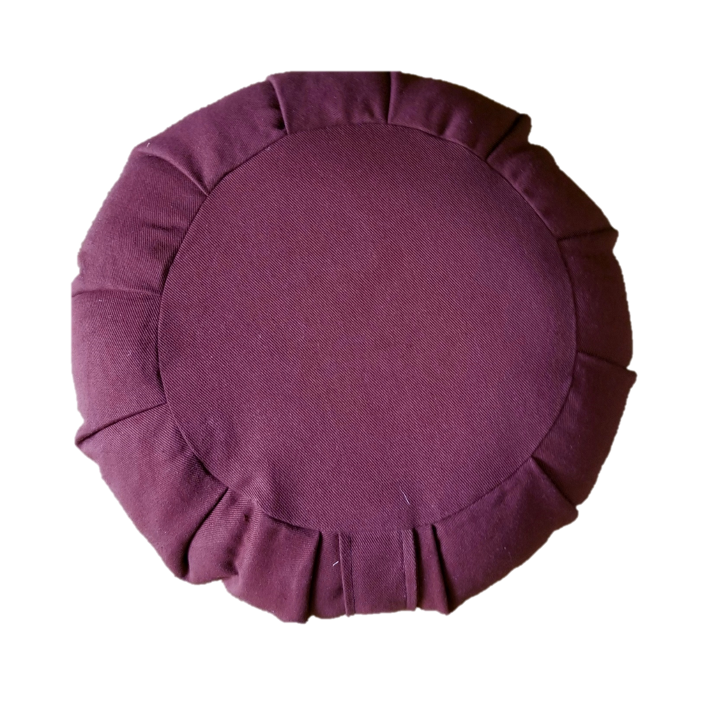 Round purple cushion with pleated edges on a white background