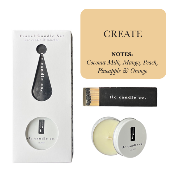 Travel candle set with packaging, matches, and a description card on a white background.