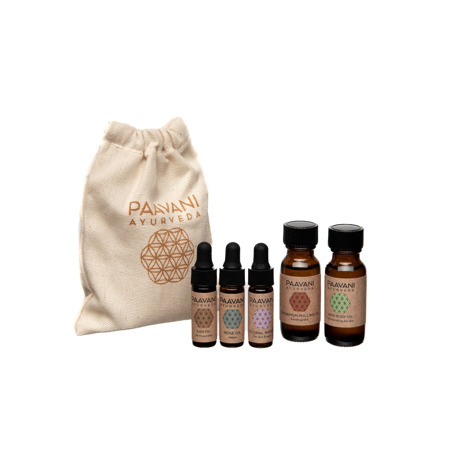 Set of Panavani Ayurveda essential oil bottles with a drawstring bag on a white background