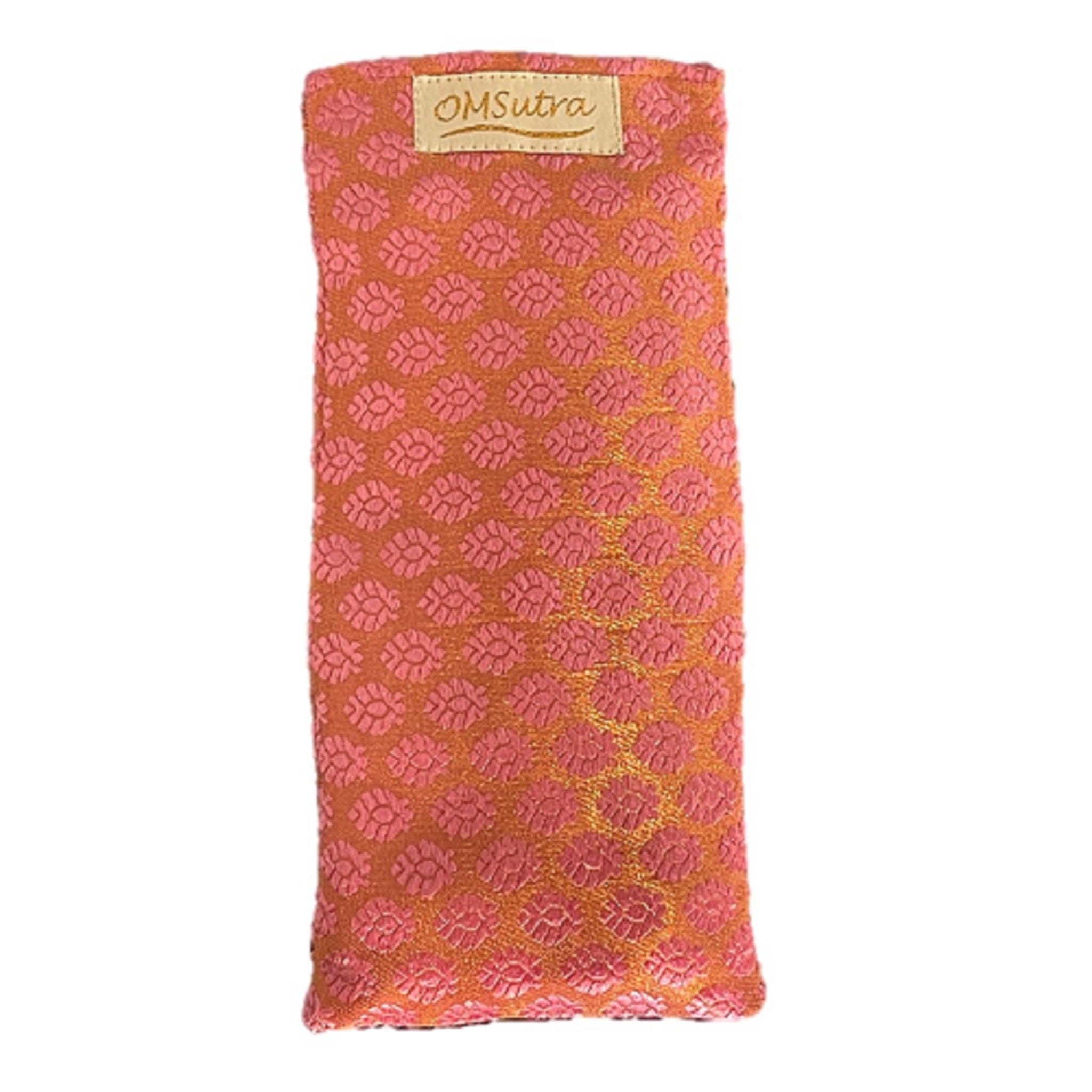 Pink and orange patterned eye pillow with 'OMSutra' label on a white background