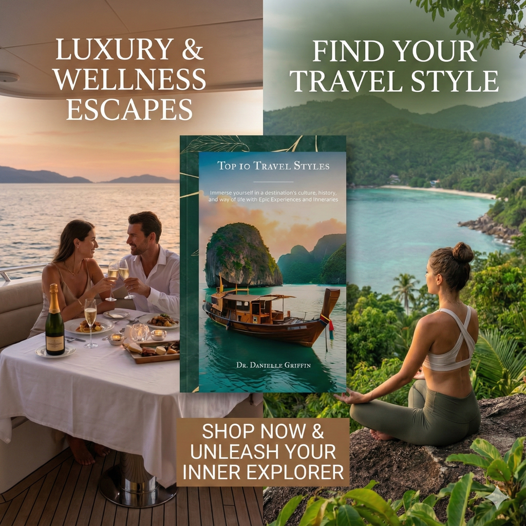 Promotional image for luxury and wellness escapes with a couple on a boat and a woman meditating, featuring text about travel styles.