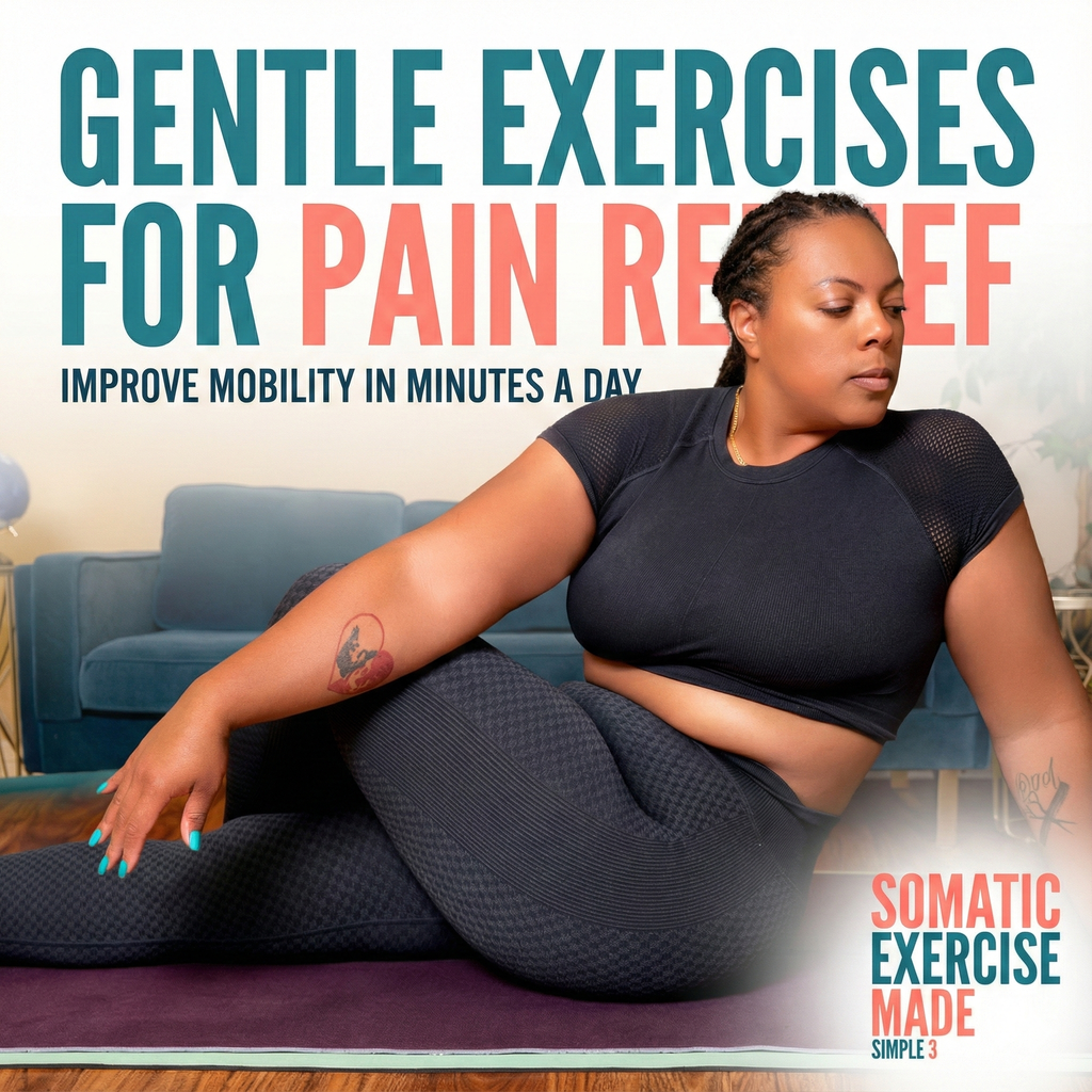 Woman practicing gentle exercises on a mat with text about pain relief and mobility improvement.