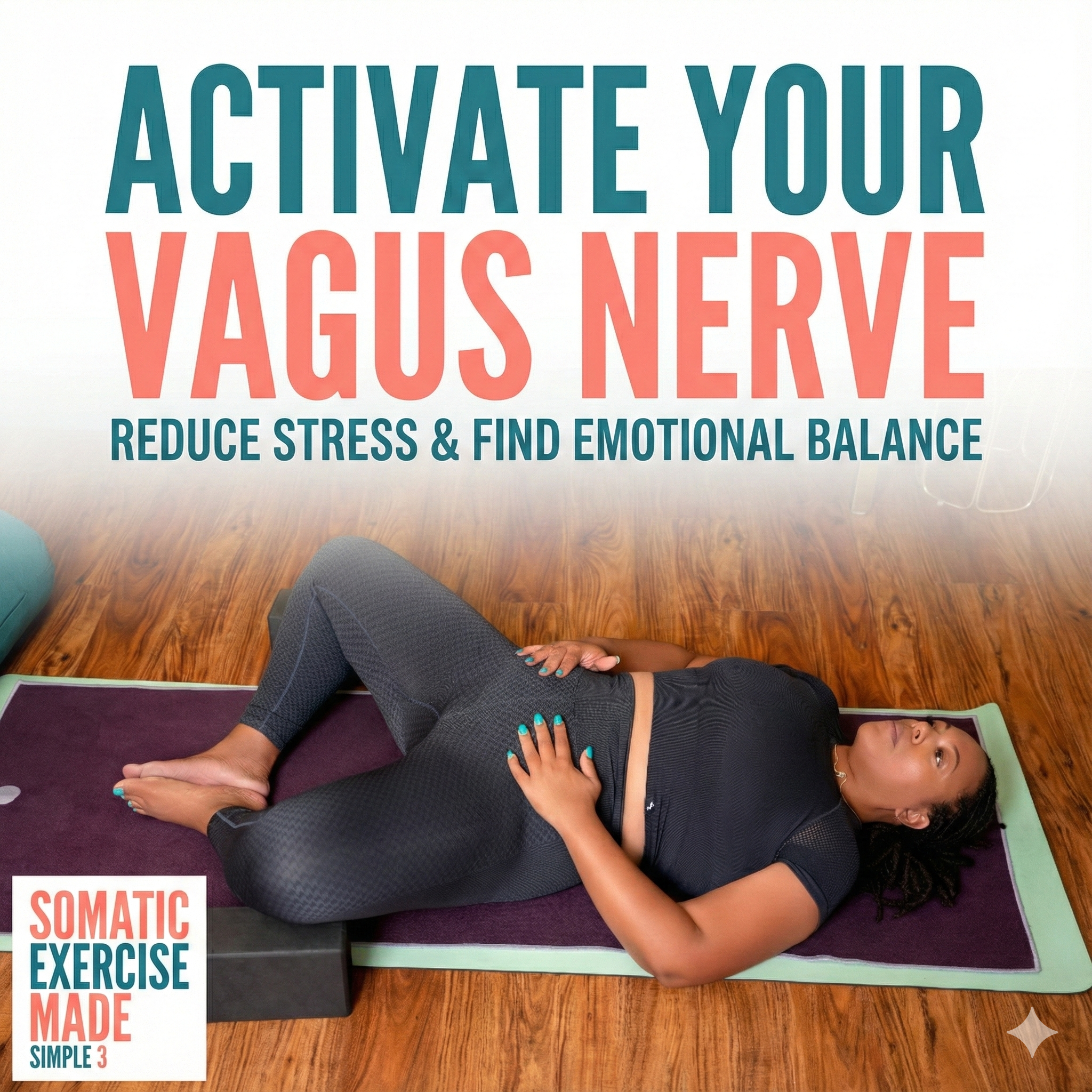 Person lying on a mat with text about activating the vagus nerve on a wooden floor.