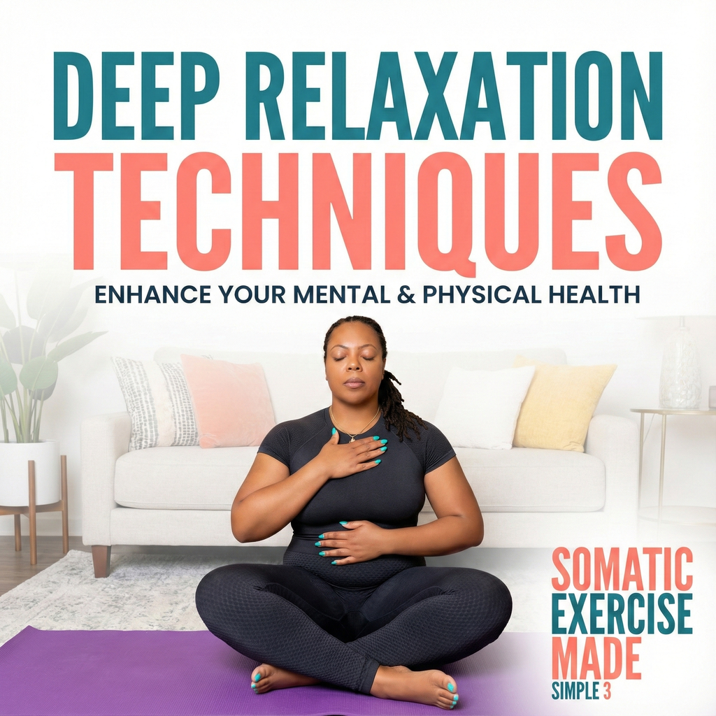 Book cover titled 'Deep Relaxation Techniques' with a woman practicing yoga on a mat.