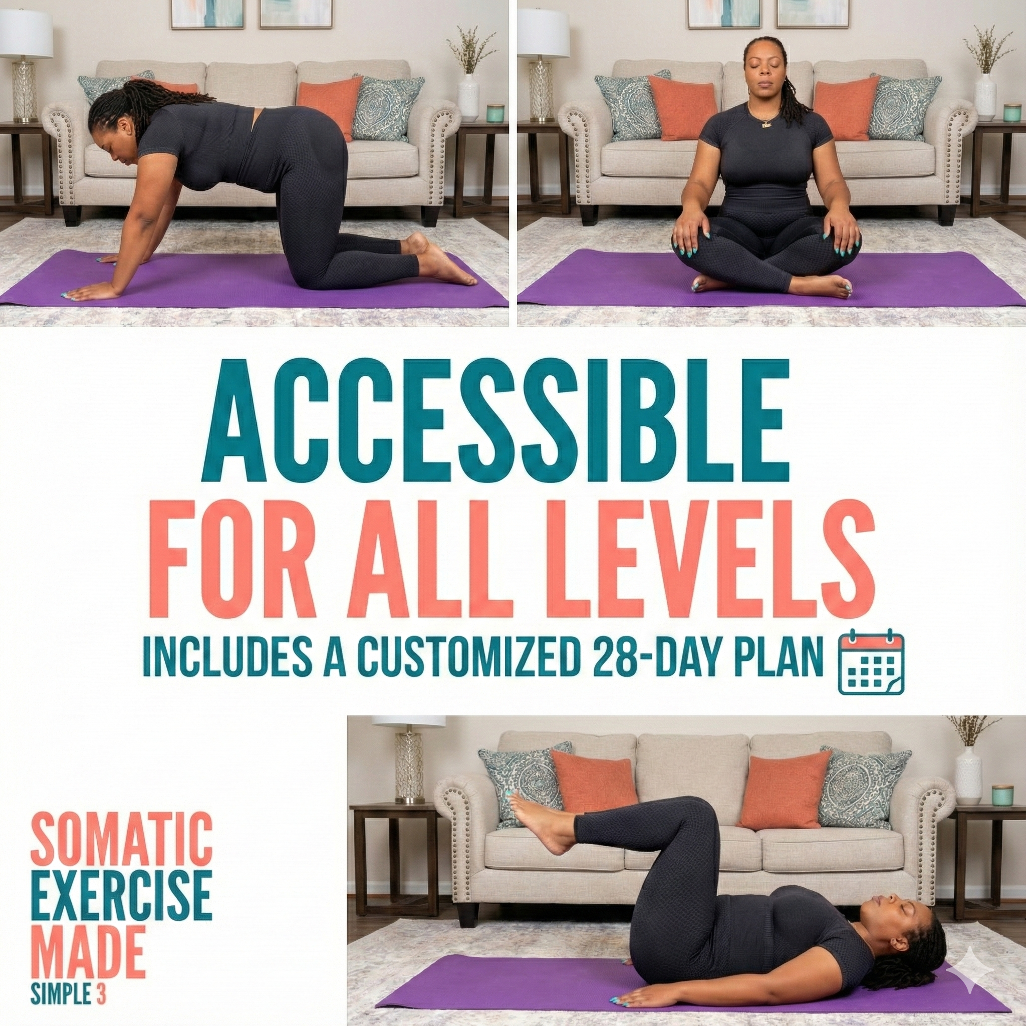 Woman performing yoga poses on a purple mat with text about accessible exercise plans.