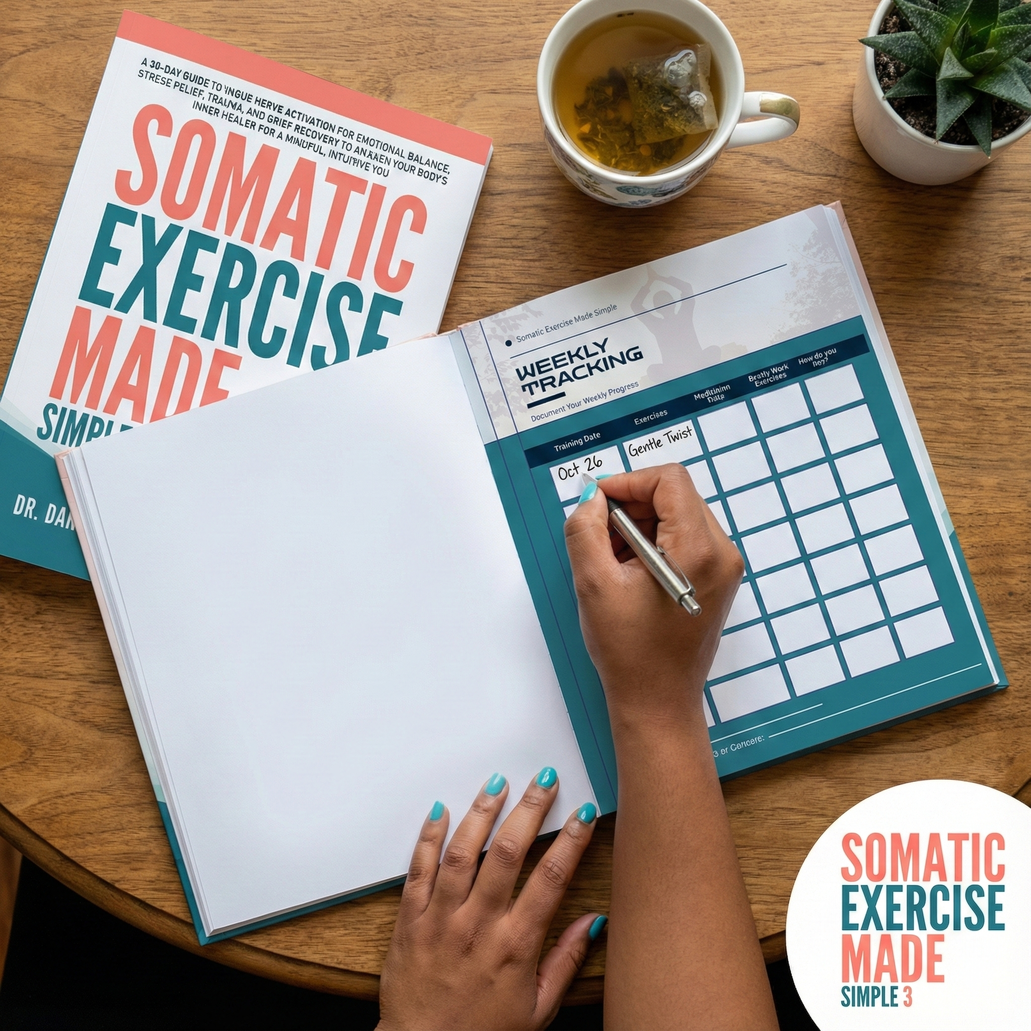 Person using a planner with 'Somatic Exercise Made Simple' book and tea on a wooden table.