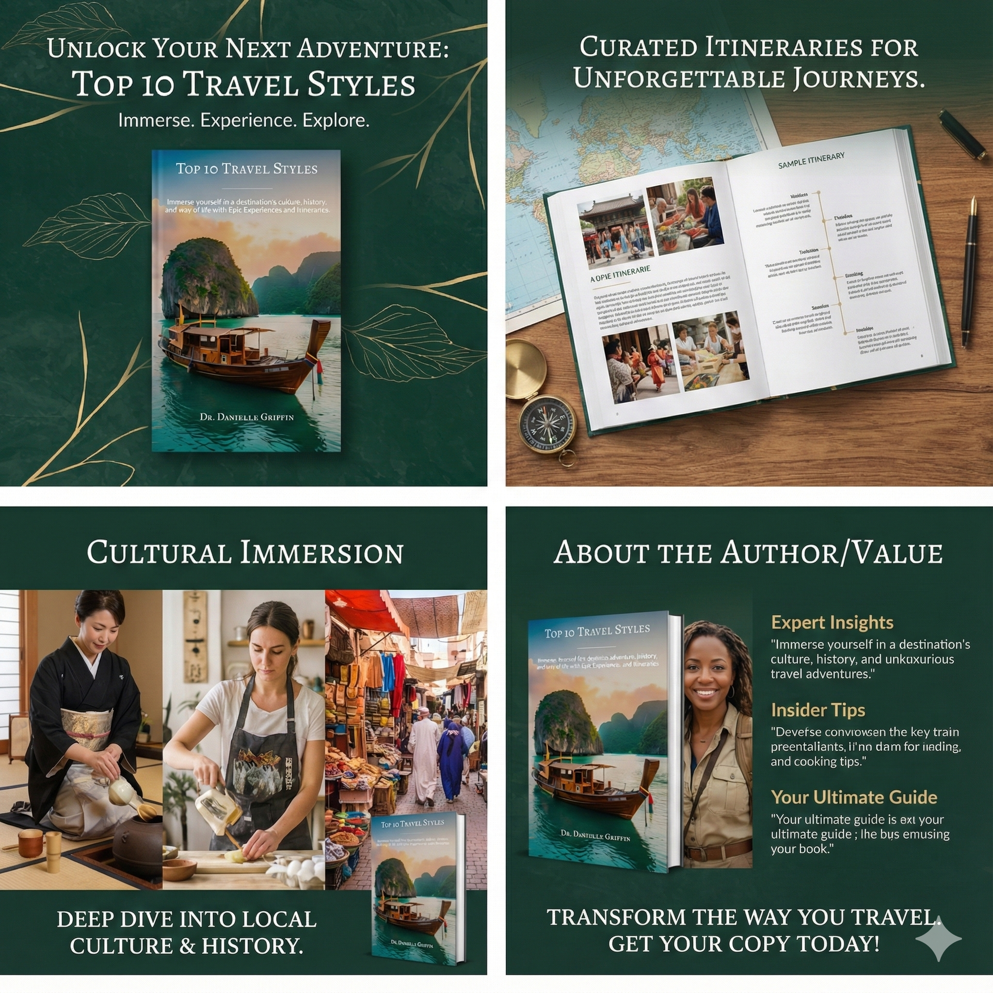 Promotional collage for travel guidebook with images of a book, open pages, and people in cultural settings.