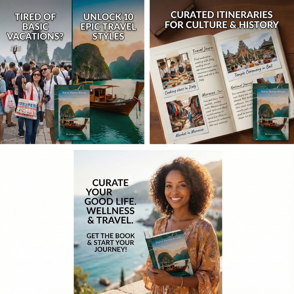 Promotional collage for travel-themed book with scenic images and text.