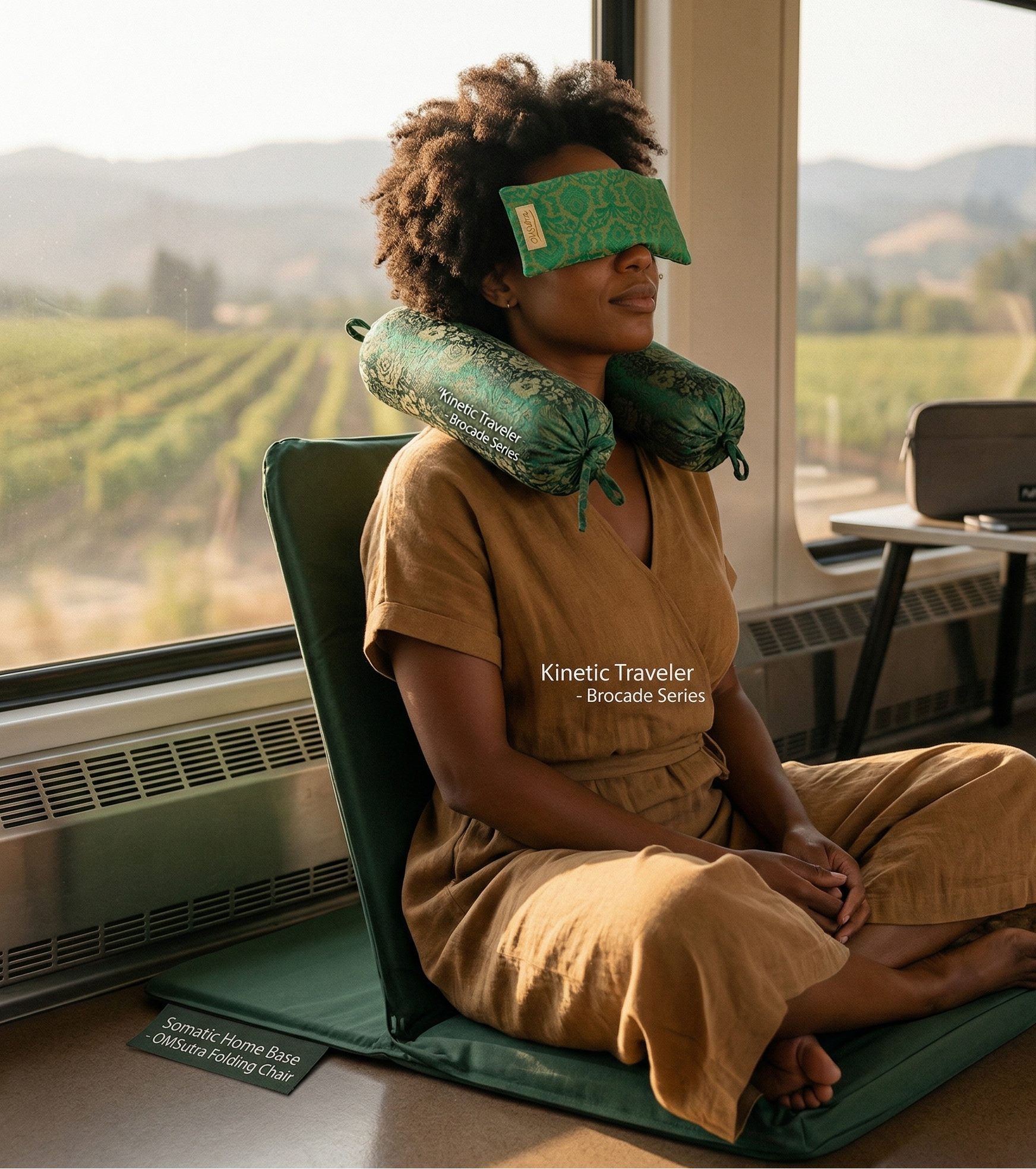 Person using a green travel pillow and eye mask on a train with scenic views outside.