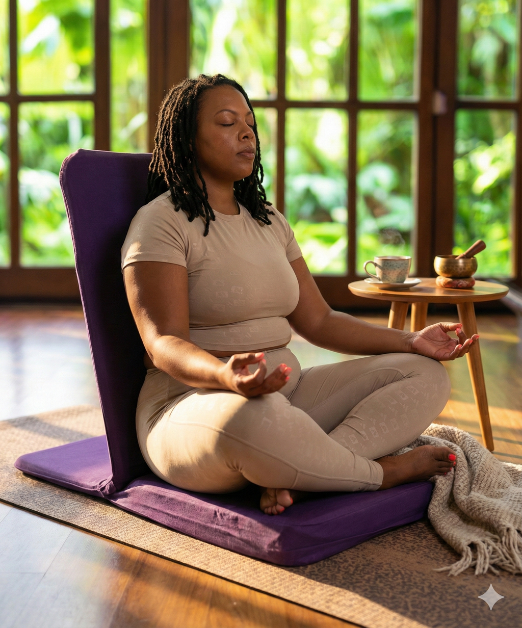 Woman meditating on a purple cushion in a serene setting with greenery outside the window.