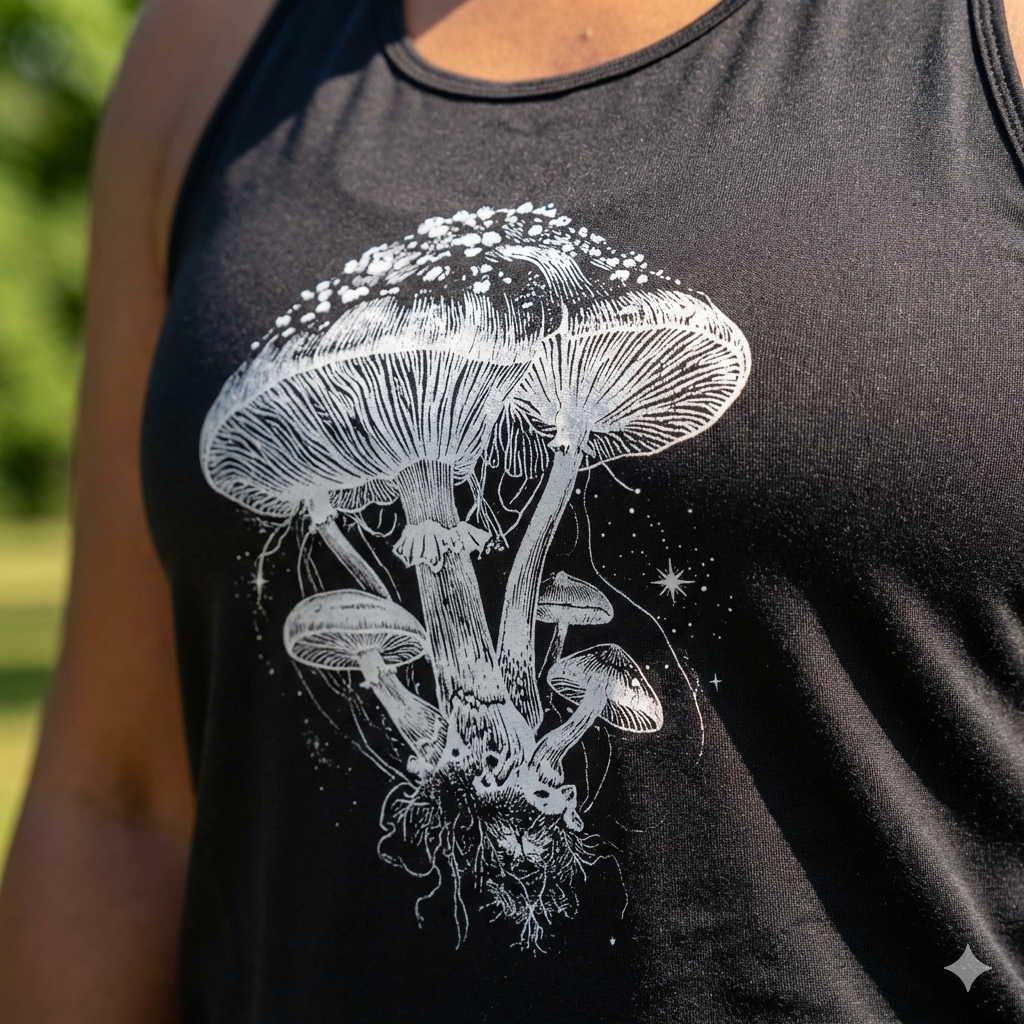 Black tank top with white mushroom design worn by a person outdoors