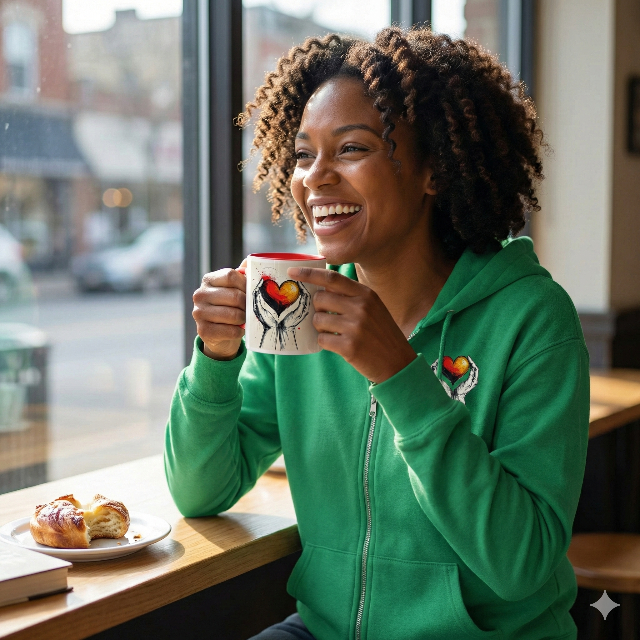 Woman in a green hoodie holding a mug with a heart design, sitting at a table with pastries.