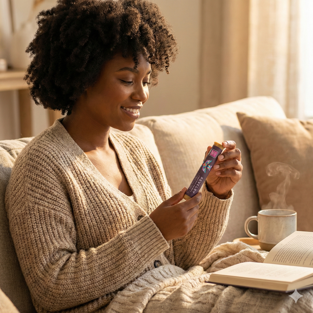 Woman sitting on a couch holding a product, with a cup and book in the background