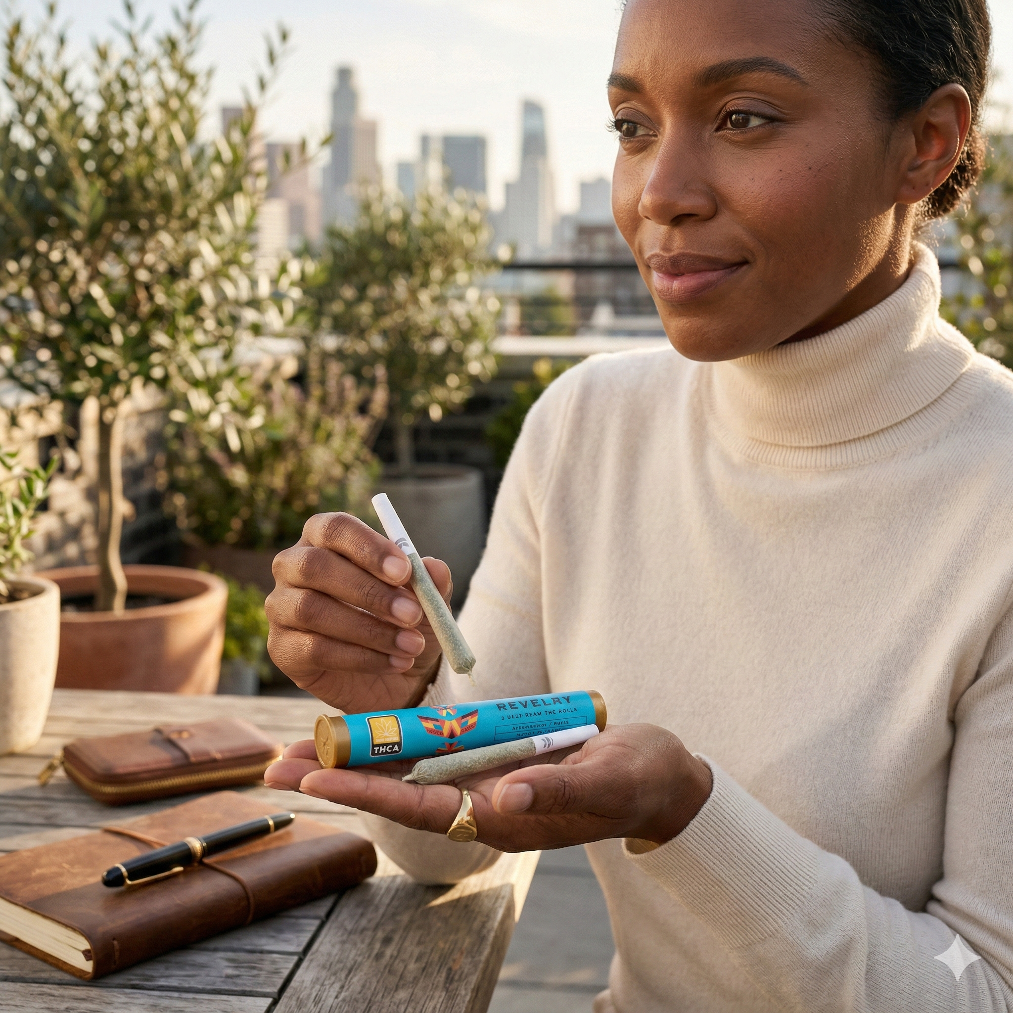 Woman holding two vape devices on a rooftop with cityscape in the background