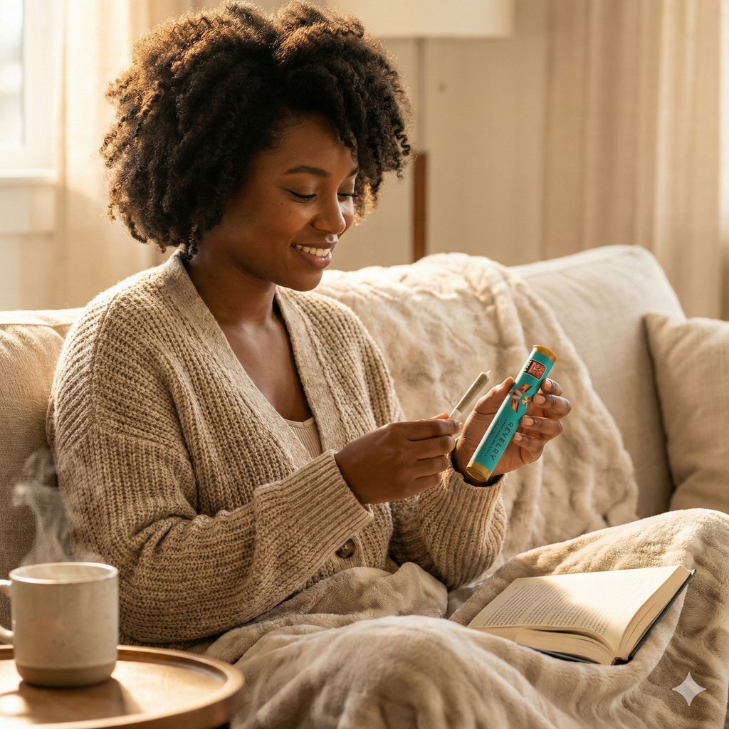 Woman sitting on a couch with a blanket, holding a phone and a book, with a cup of coffee on a tray.