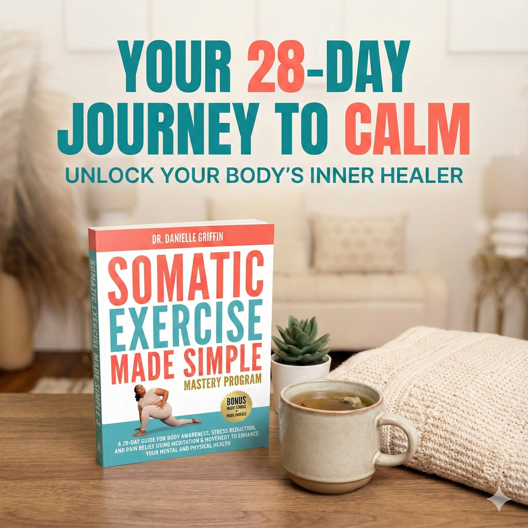 Book titled 'Your 28-Day Journey to Calm' on a table with a cup of coffee and plant in a home setting