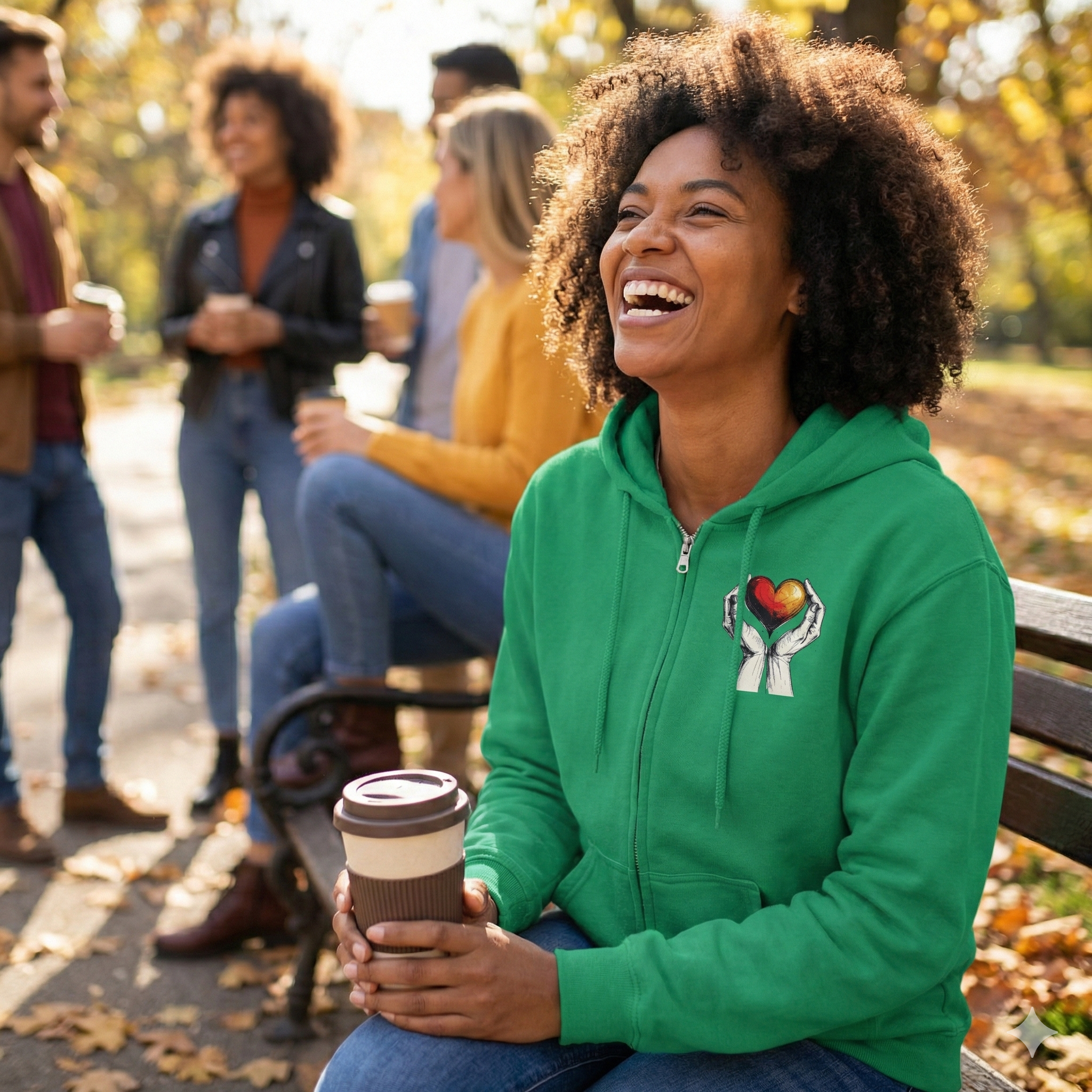 Woman in a green hoodie with a heart design holding a coffee cup, sitting on a bench with people in the background.