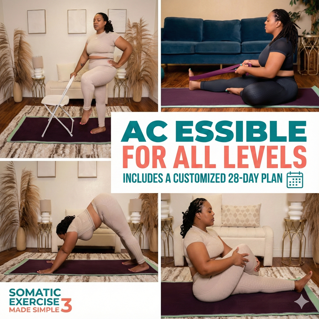 Collage of a woman performing yoga exercises with text about accessibility for all levels and a 28-day plan.