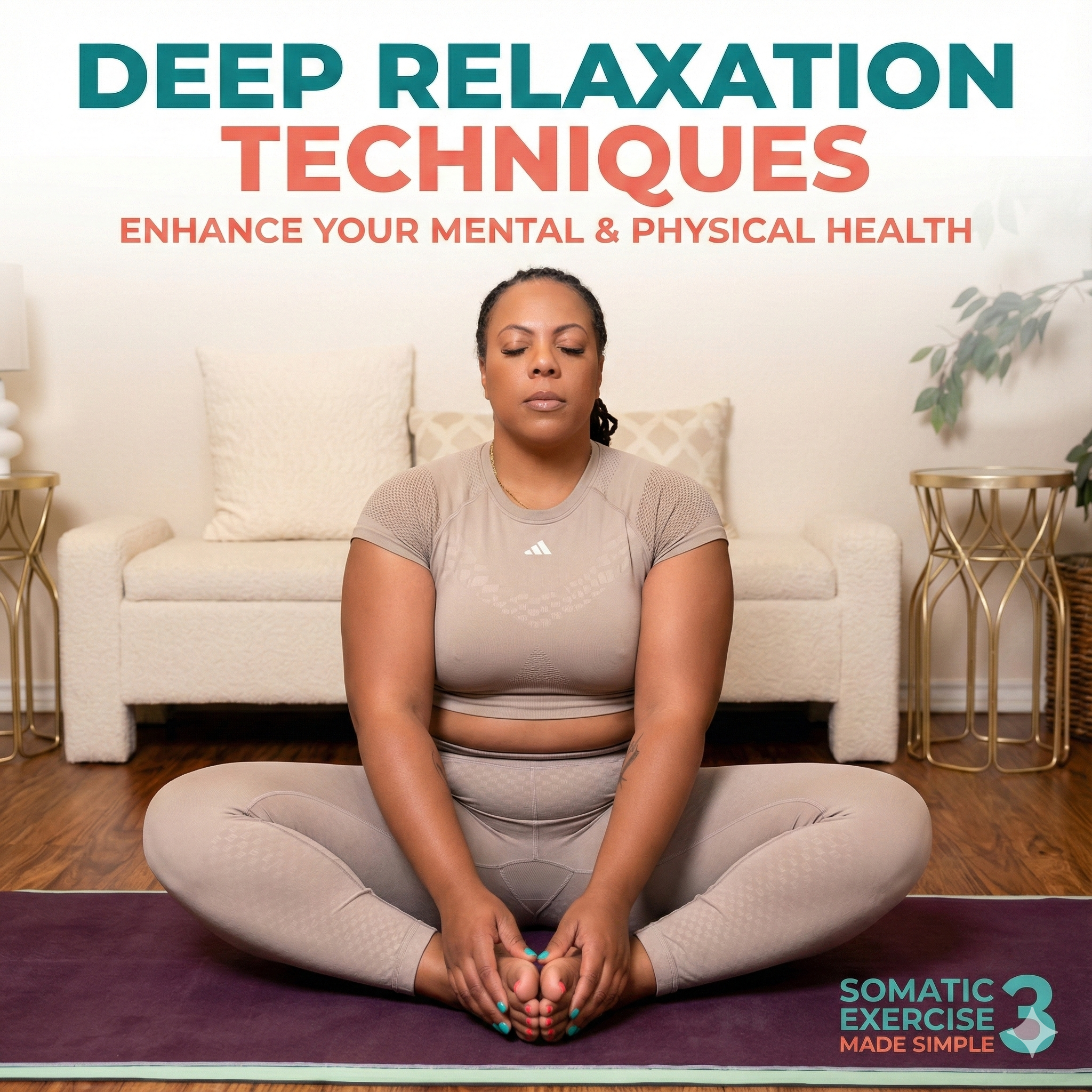 Woman practicing yoga on a mat with text about deep relaxation techniques and mental/physical health.