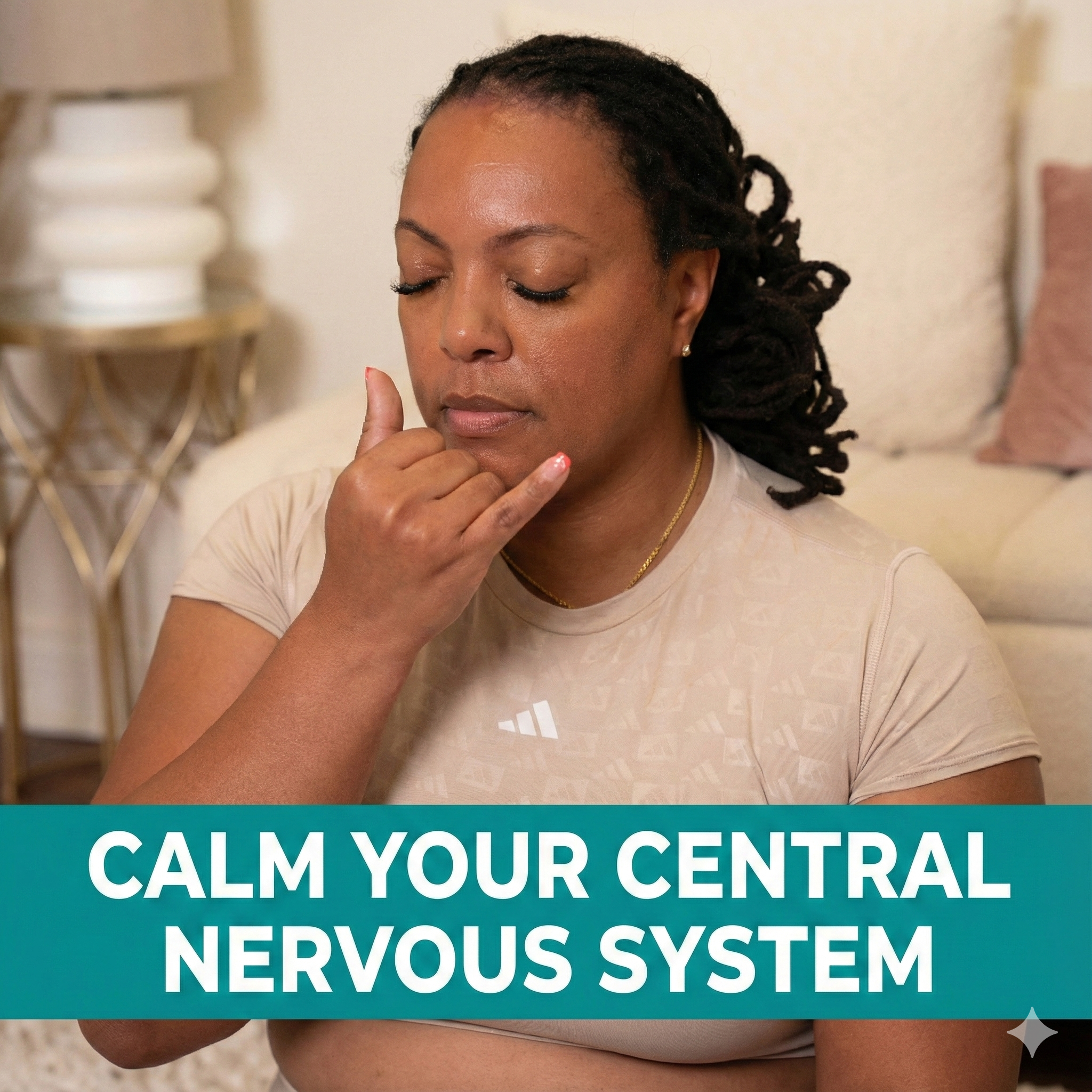 Woman sitting on a couch with text 'Calm Your Central Nervous System' in a home setting.