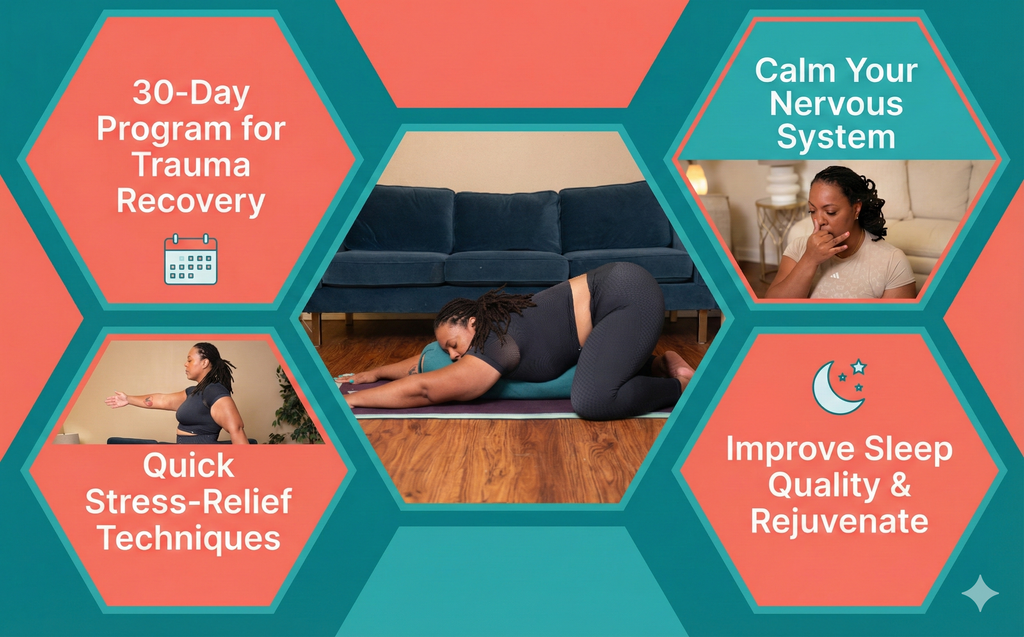 Promotional graphic for a 30-day trauma recovery program with hexagonal sections and images of people practicing yoga and meditation.