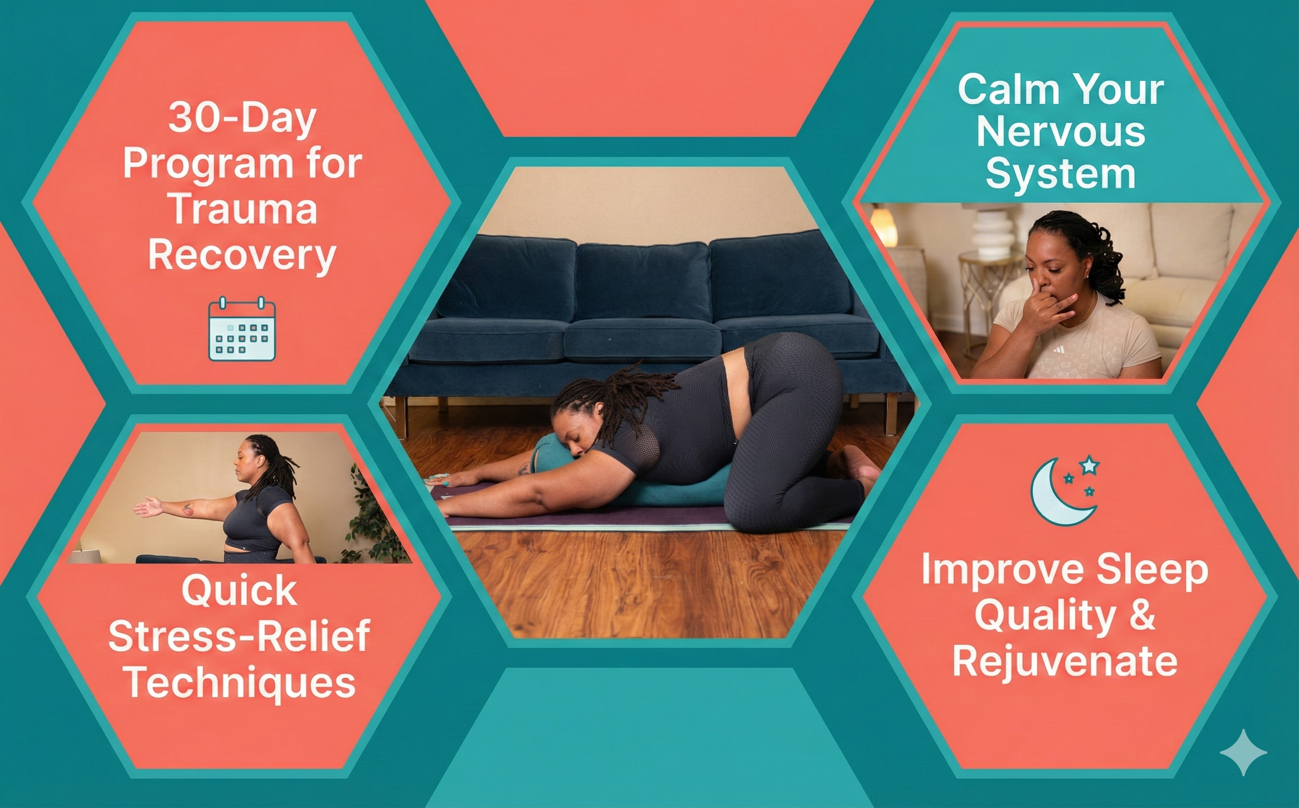 Promotional graphic for a 30-day trauma recovery program with hexagonal sections and images of people practicing yoga and meditation.