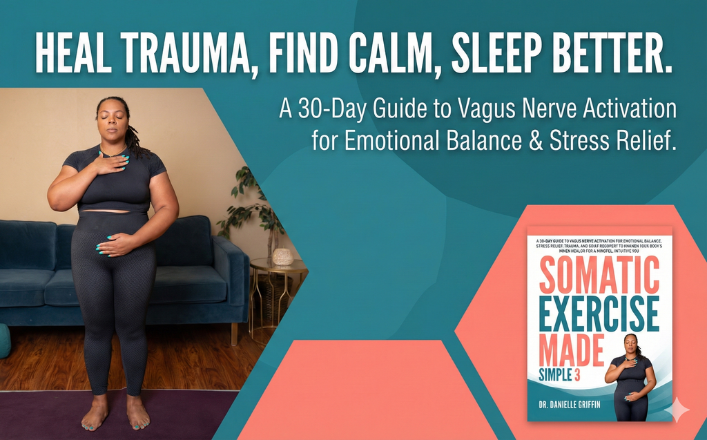 Woman standing on a yoga mat with text about trauma healing, calm, and sleep improvement.