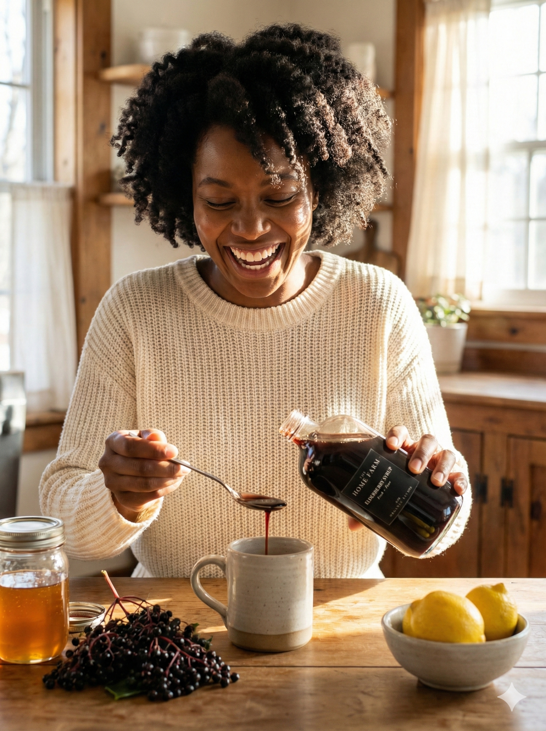 Woman pouring syrup into a mug with a spoon, surrounded by lemons and berries on a wooden table.